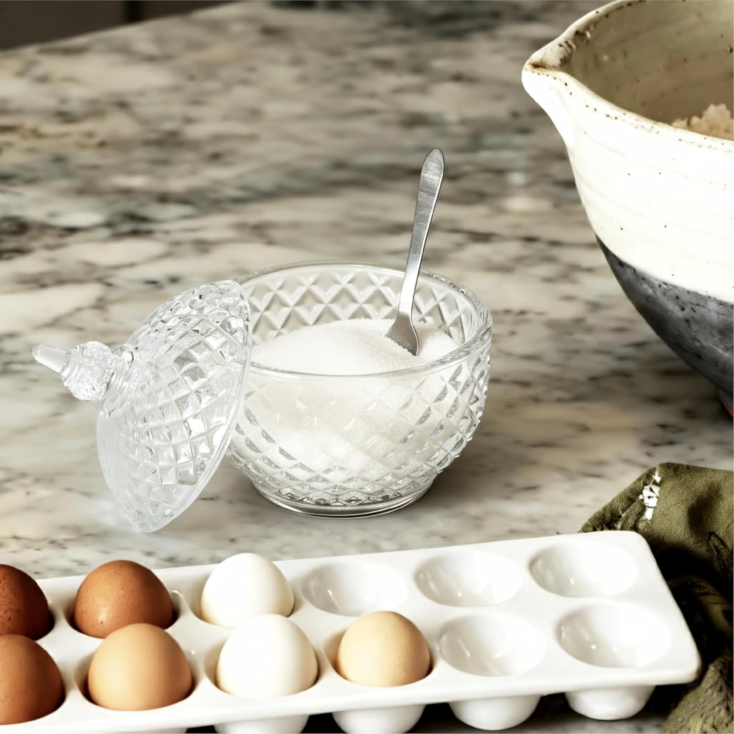 7 oz Crystal Glass Salt Cellar with Lid and Stainless Steel Spoon for Kitchen Seasoning (Ball shape)