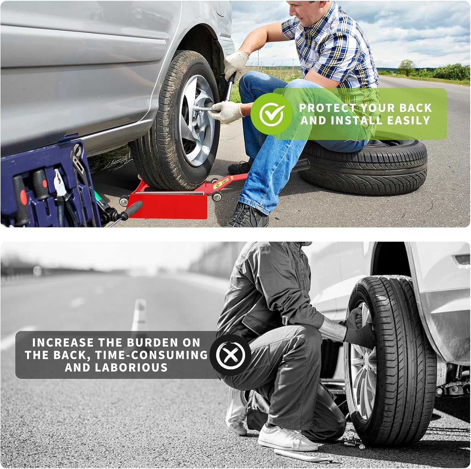 Portable Effortless Tire Jack Tool with Roller Plate and Ramp, Removable Handle with Screw [ Roller Plate + Separate Ramp Version ]