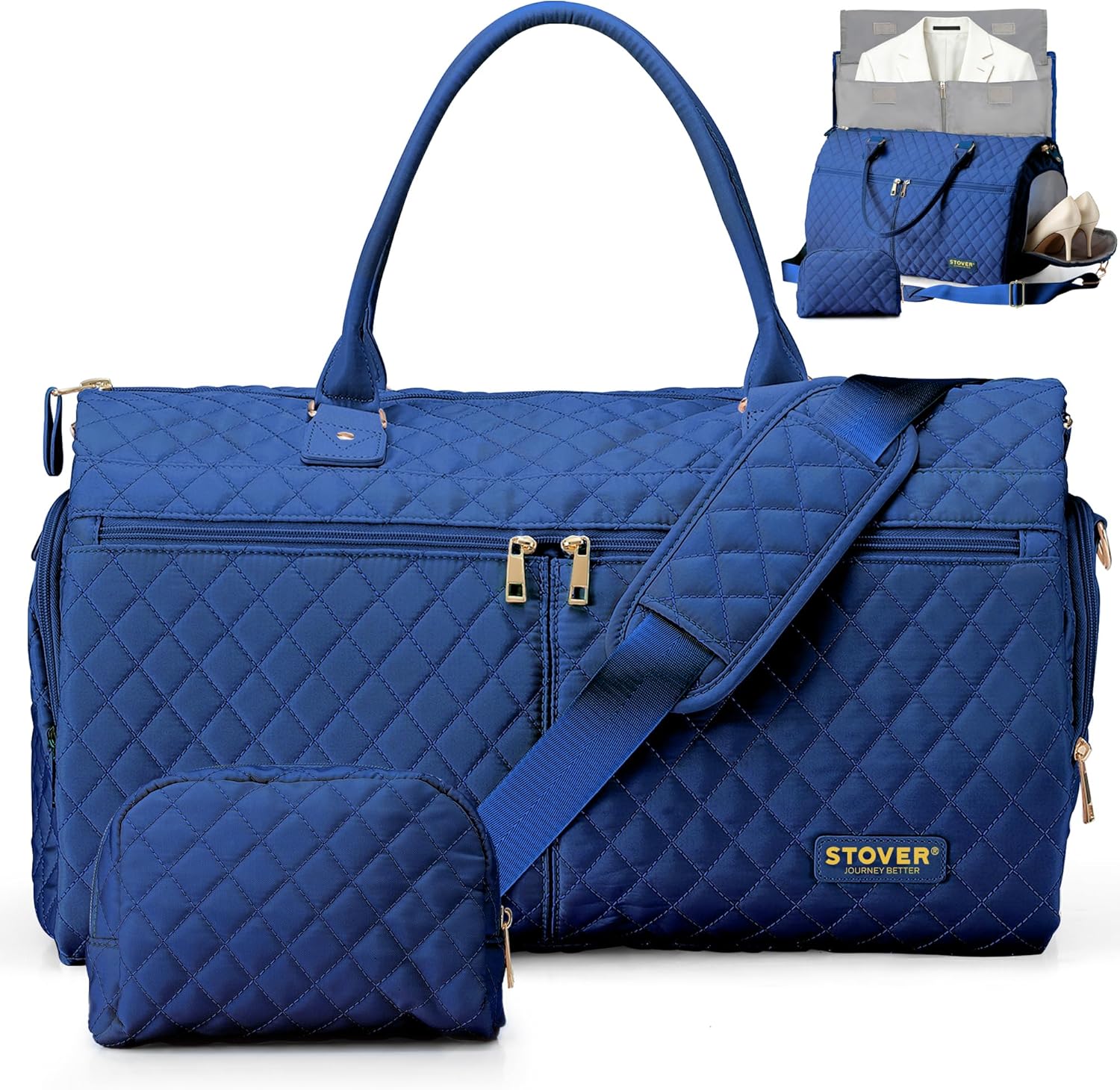 STOVER Women’s Convertible Garment Duffel Bag for Travel – 2-in-1 Carry-On Weekender/Overnight Tote - Wrinkle-Free Dresses, Suits & Clothes + Shoe Compartment & Bonus Toiletry Bag (Sapphire Blue)