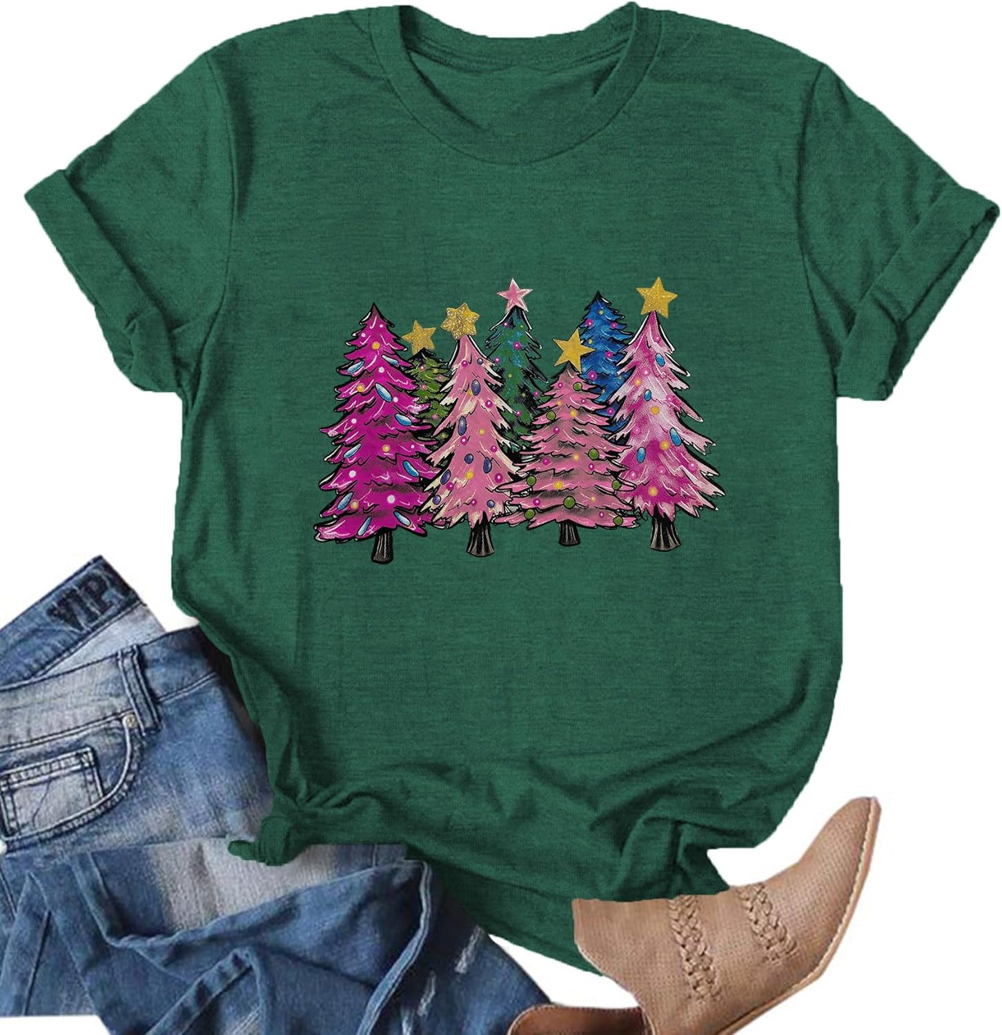 Christmas Shirts for Women:Merry and Bright Shirt Xmas Tree Casual Short Sleeve Tee Tops
