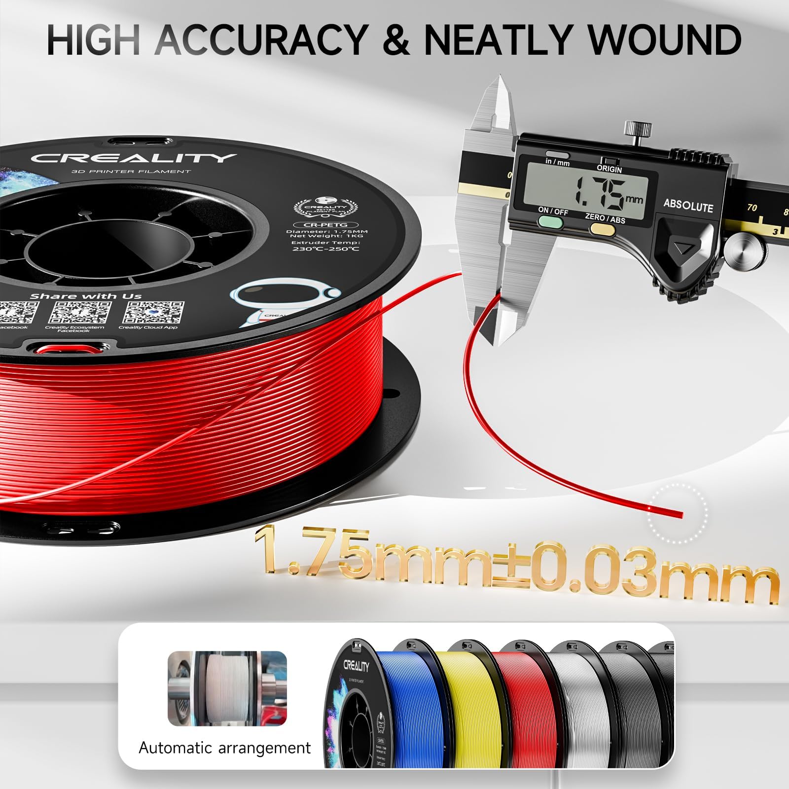 CREALITY Filamento PETG de 1.75 mm para impresora 3D, carrete de 2 kg perfectamente enrollado, precisión dimensional ± 0.03 mm, lote 2024, apto para la mayoría de impresoras 3D FDM, rojo y azul