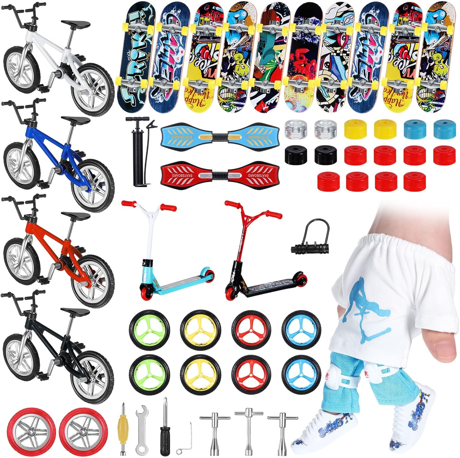 57 Pcs Mini Finger Toy Set, Finger Skateboards, Finger Bikes, Finger Scooter, Finger Tops, Finger Pants, Finger Shoes, Finger Knee Pads, Mini Bike Wheels Tools for Christmas Party Gift