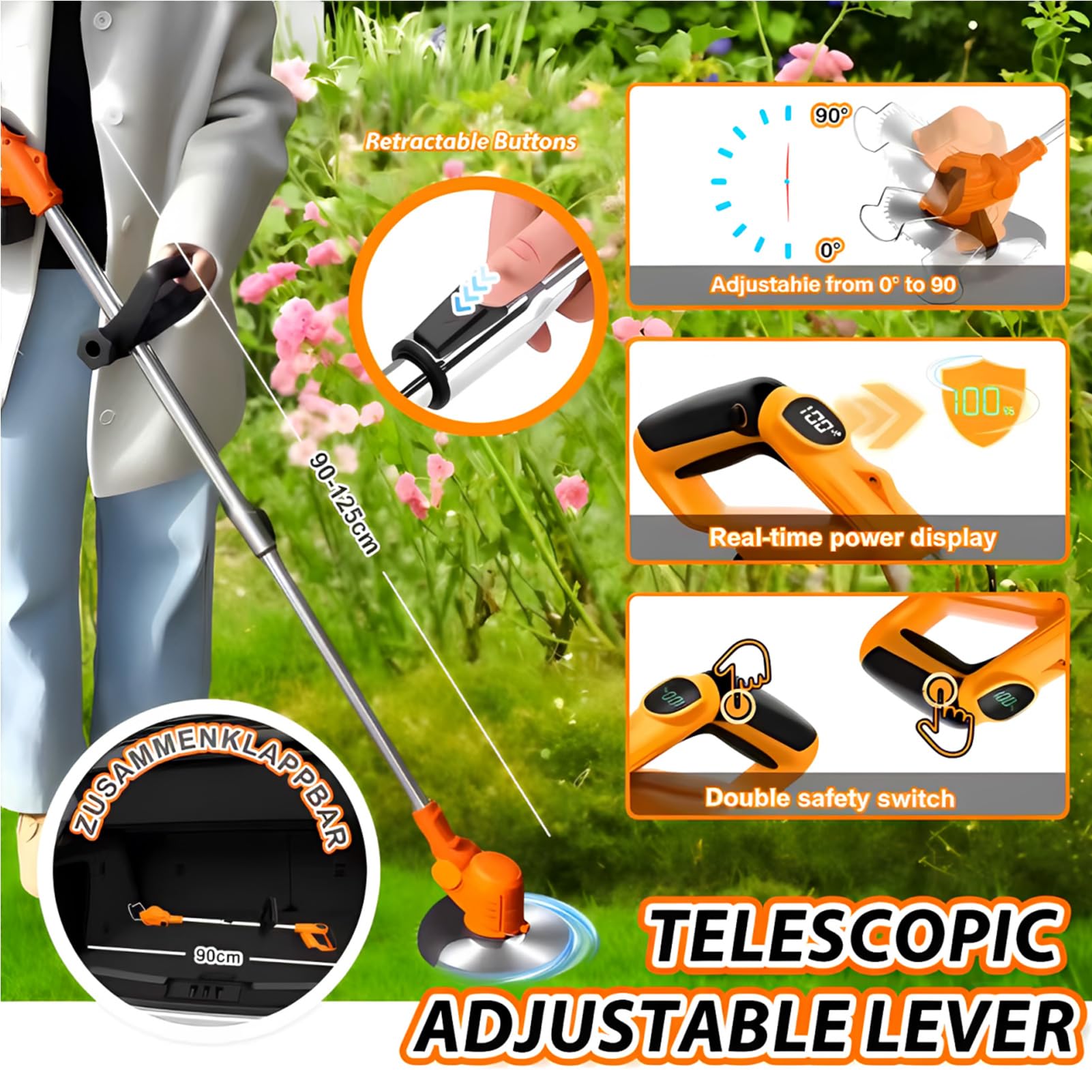 Desbrozadora Batería 21V, Desbrozadora Eléctrica con 2x4.0Ah Baterías y Cargador, 3 En 1 Cortabordes Bateria con Mango Retráctil para Césped, Arbustos y Maleza
