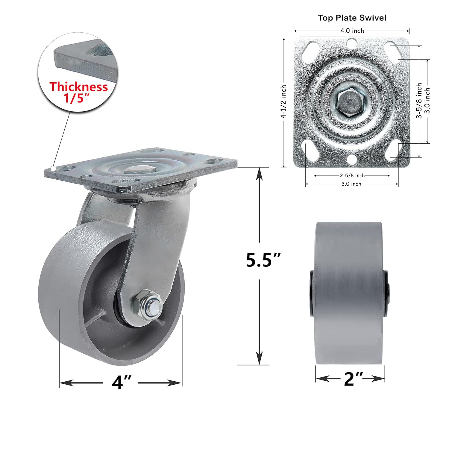 Heavy Duty Caster Steel Cast Iron Wheel, Tool Box and Workbench Caster-Set of 4, 3000 LB Capacity (4 inch, 4 Swivel)