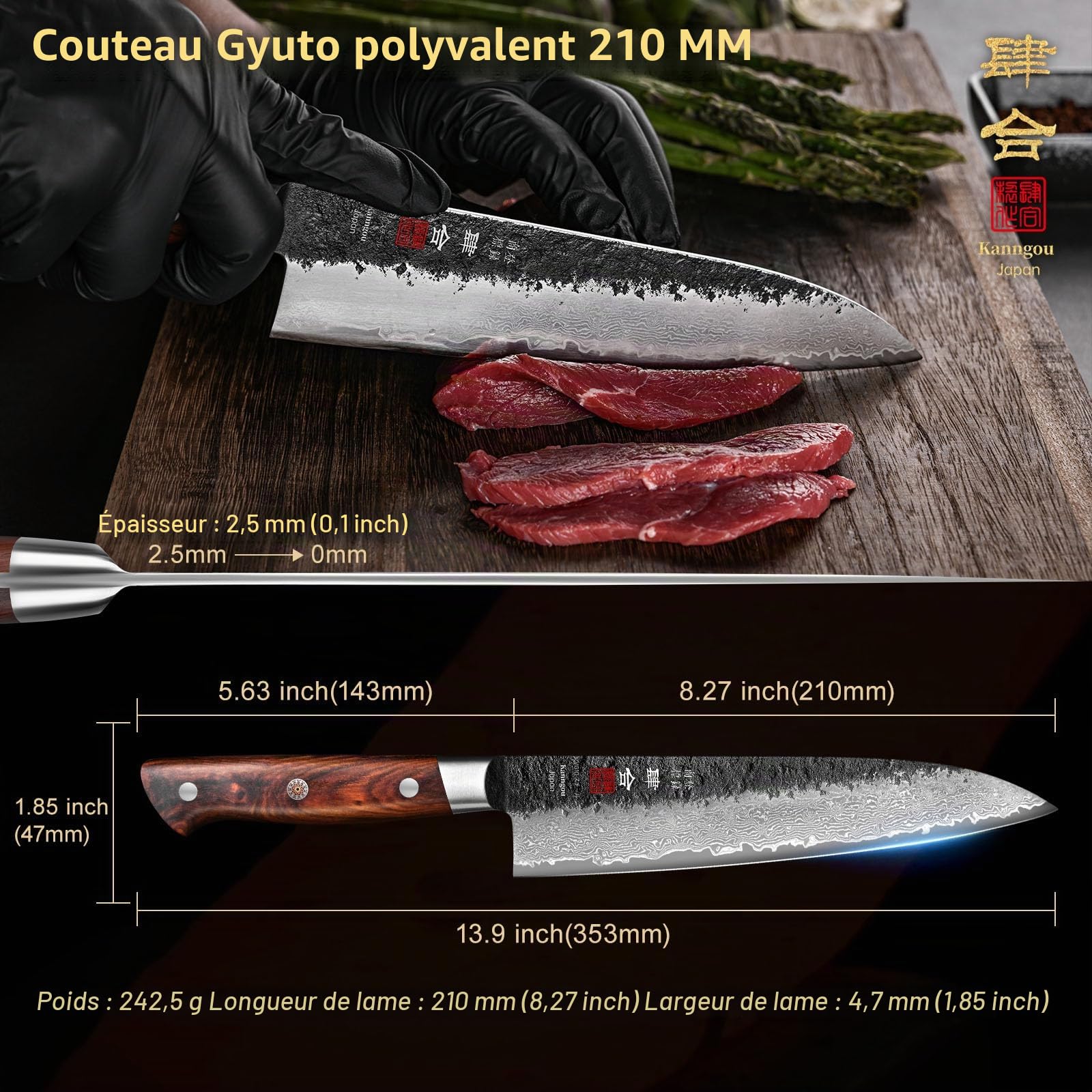 kanngou Couteau de cuisine en acier Damas 21 cm Gyuto, couteau de chef japonais extrêmement tranchant en acier VG-10 avec manche ergonomique en bois de Pakka, design Full-Tang robuste et boîte cadeau