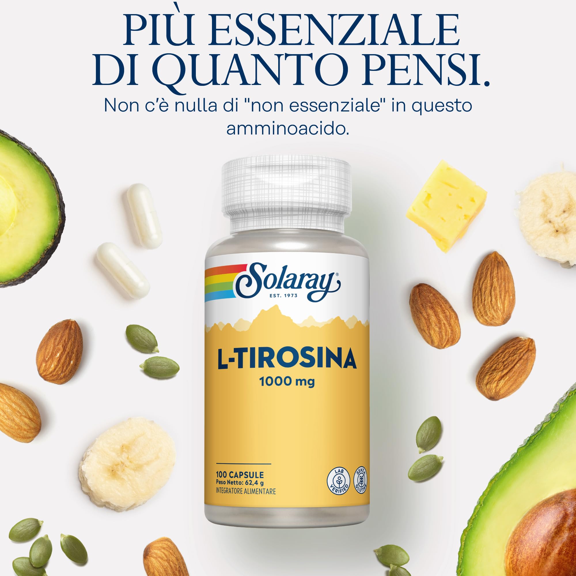 Solaray L-Tirosina 1000mg - 100 Capsule - 500mg di L Tirosina per Capsula - Integratore di Aminoacidi Essenziali - Testata in Laboratorio