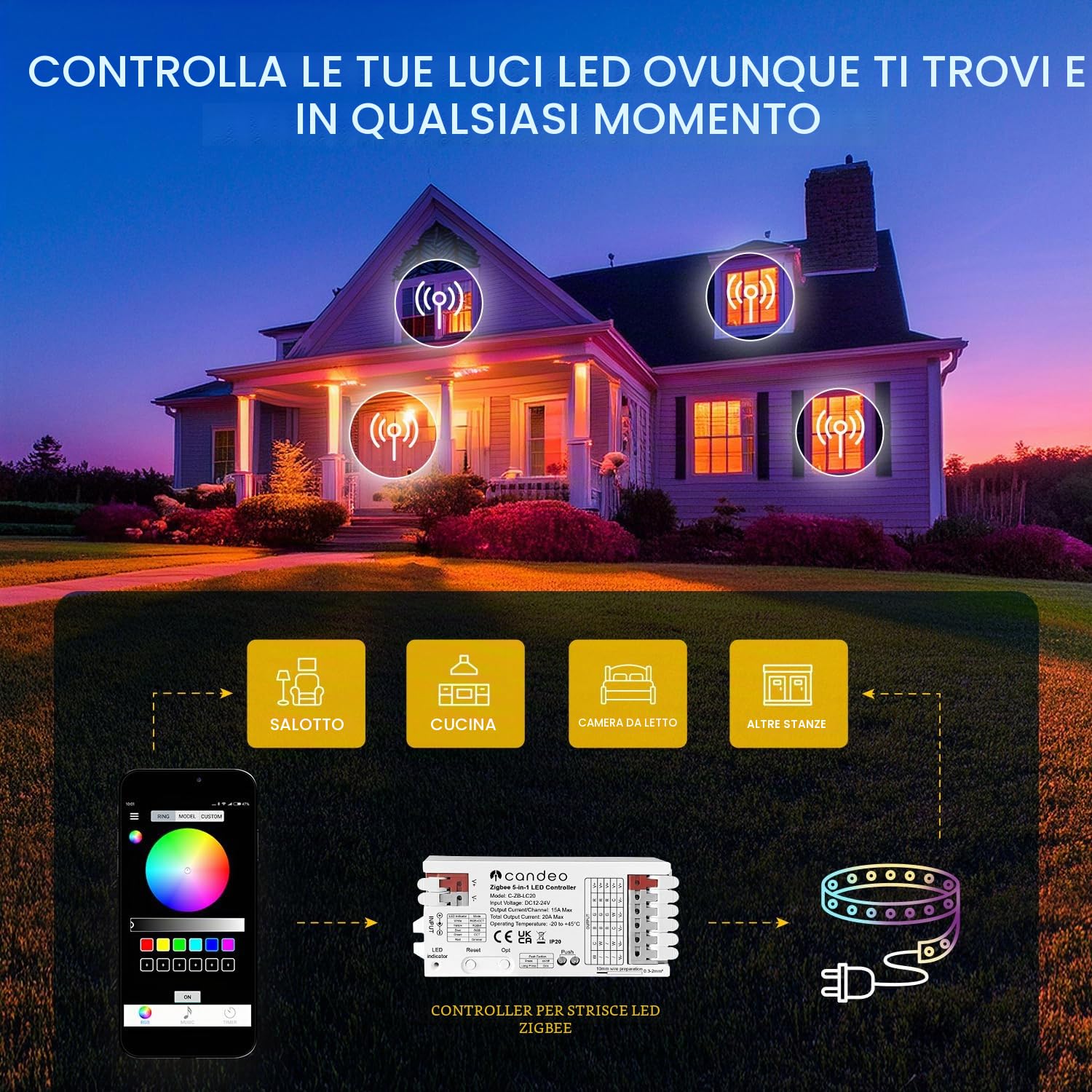ZigBee - Controller per strisce LED, compatibile con Home Assistant, Hubitat, Philips Hue e altri hub zigbee - 5 in 1 per strisce LED RGBWW, RGBW, RGB, CCT e monocolore