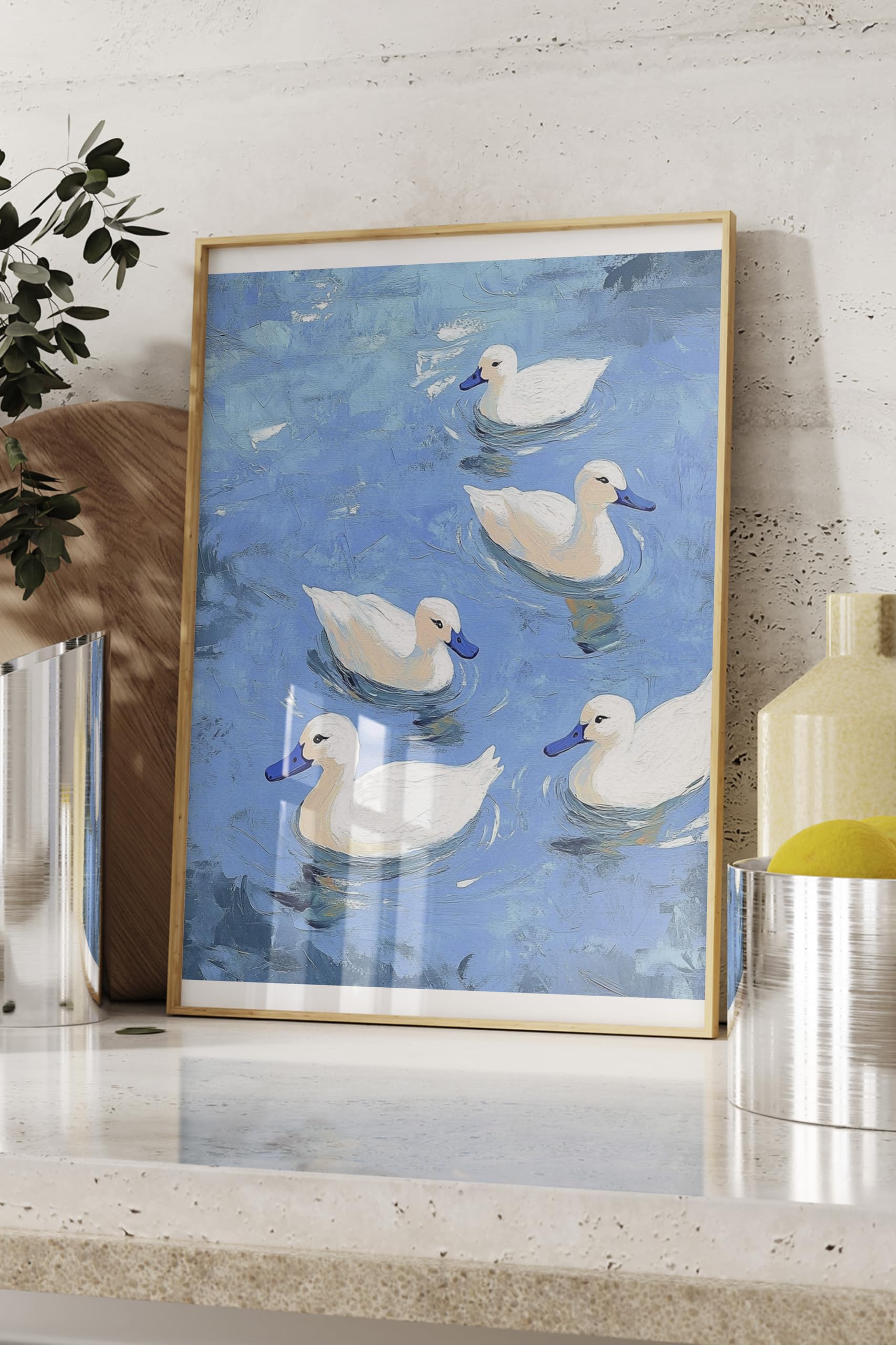 Zestia Ahşap Çerçeveli Tablo, Beyaz Ördekler, Mavi Sular, Pastoral Stil Poster No: 107339 50 x 70