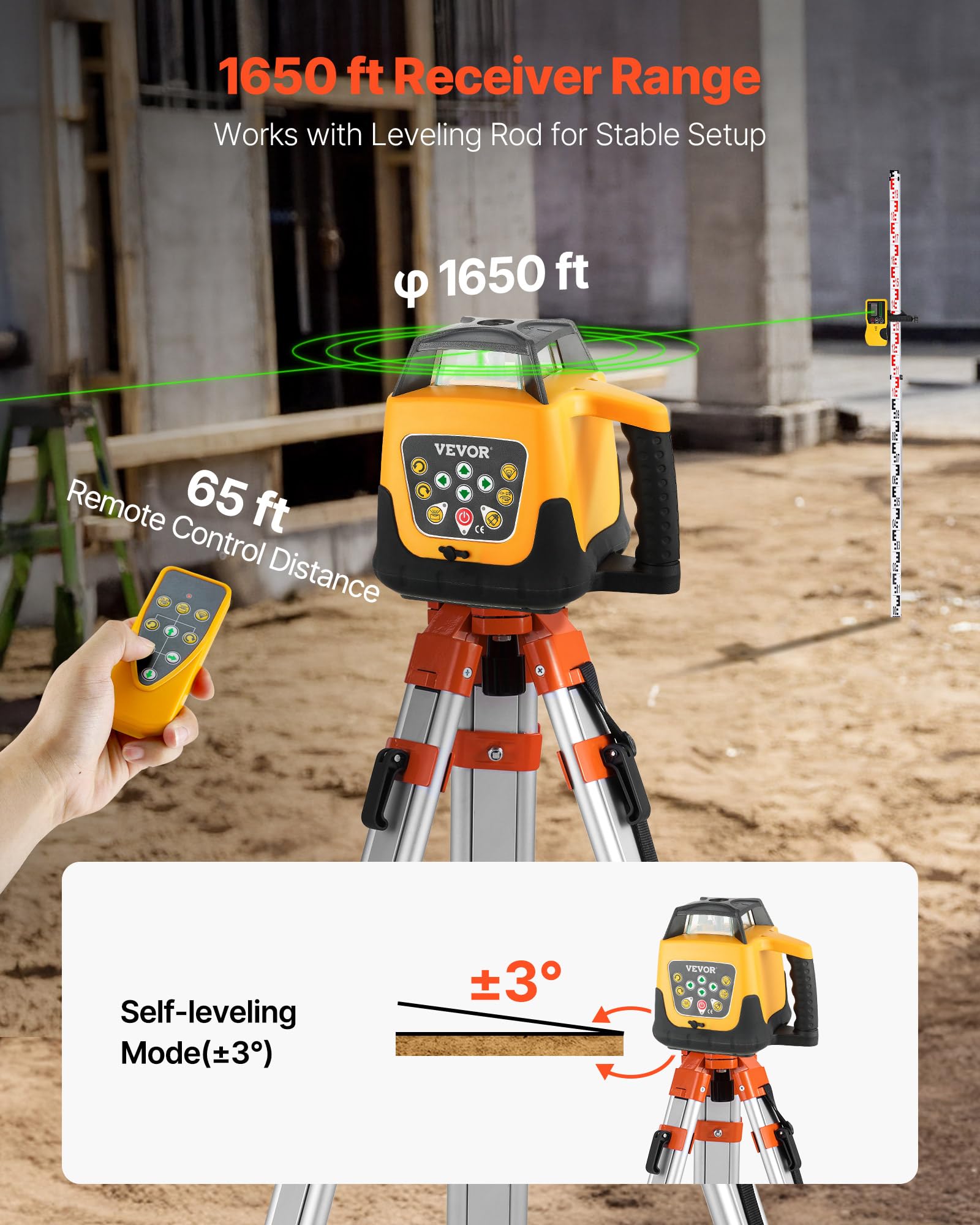 VEVOR Kit Livella Laser Rotante Raggio Verde, Kit Livella Laser Rotante a 360° con Treppiede Portata 500 m, Pendenza Regolabile, Angolo Scansione Flessibile con Telecomando Custodia per Trasporto