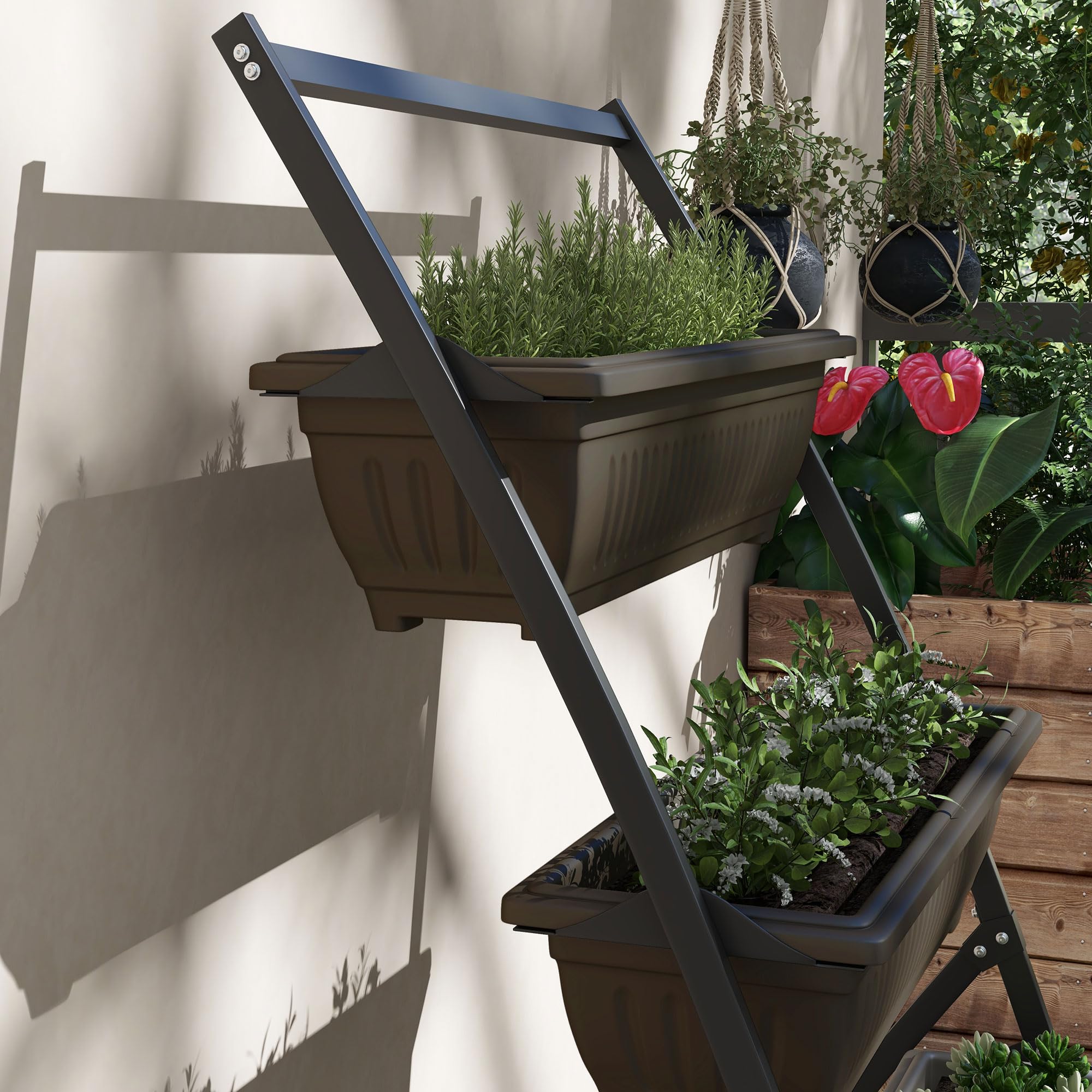 Outsunny Pflanzenständer Pflanzentreppe 4 Etagen Braun 76 x 79 x 162 cm | Pflanzenregal mit Löchern, Blumenregal für Garten, Stahl