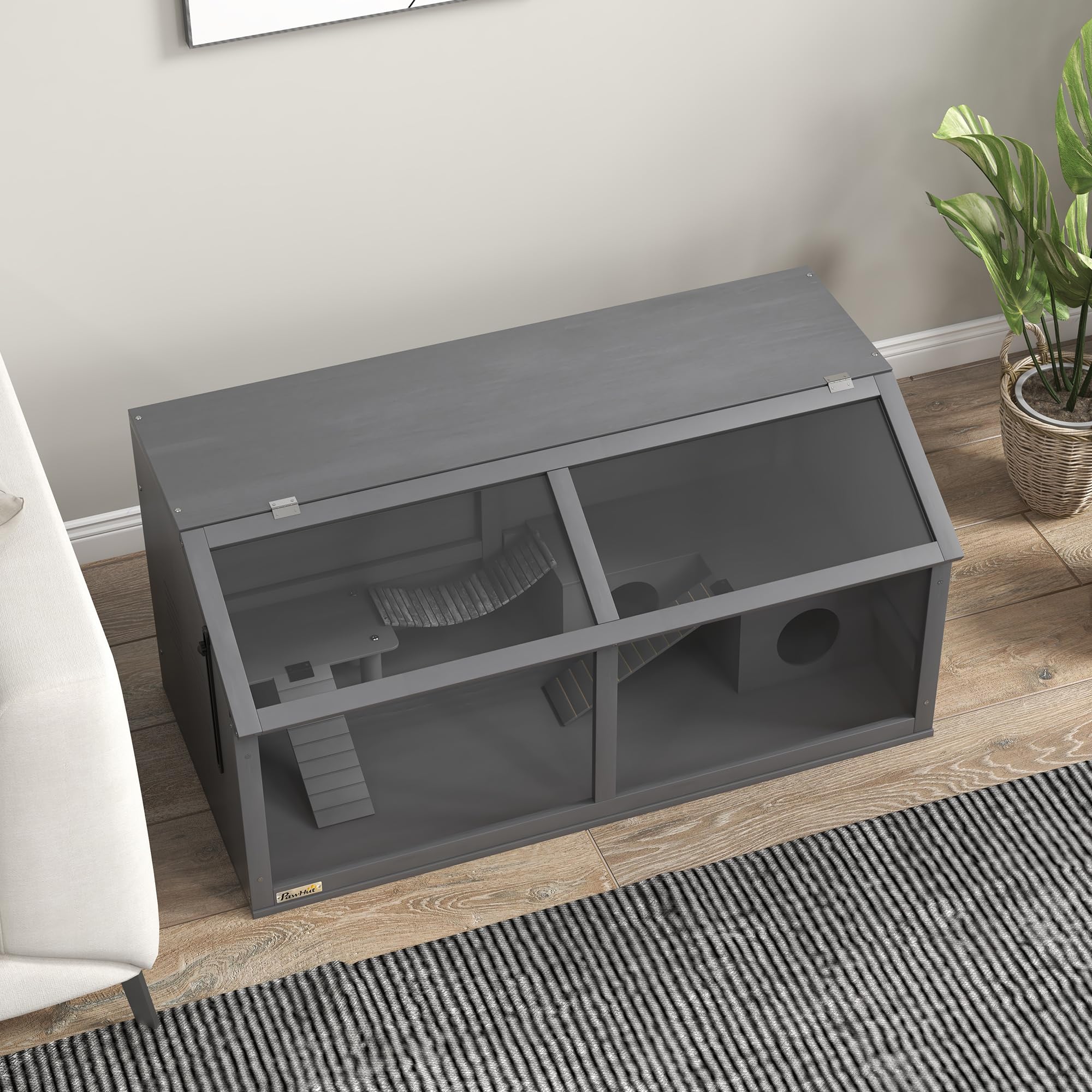 Jaula de Madera para hámster PawHut, caseta para roedores de 100 cm, casita para Animales pequeños, casita de Juegos con Puente Colgante, escaleras, Techo practicable, caseta, Gris Oscuro
