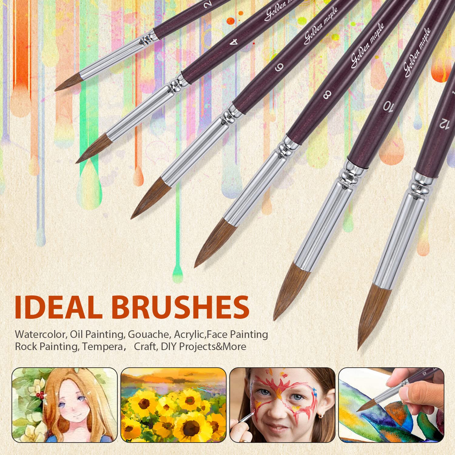 Golden Maple Juego de 6 pinceles de acuarela, pinceles profesionales de acuarela, redondos, pinceles para artistas, pinceles de acuarela para adultos, principiantes, acuarela, tintas, gouache