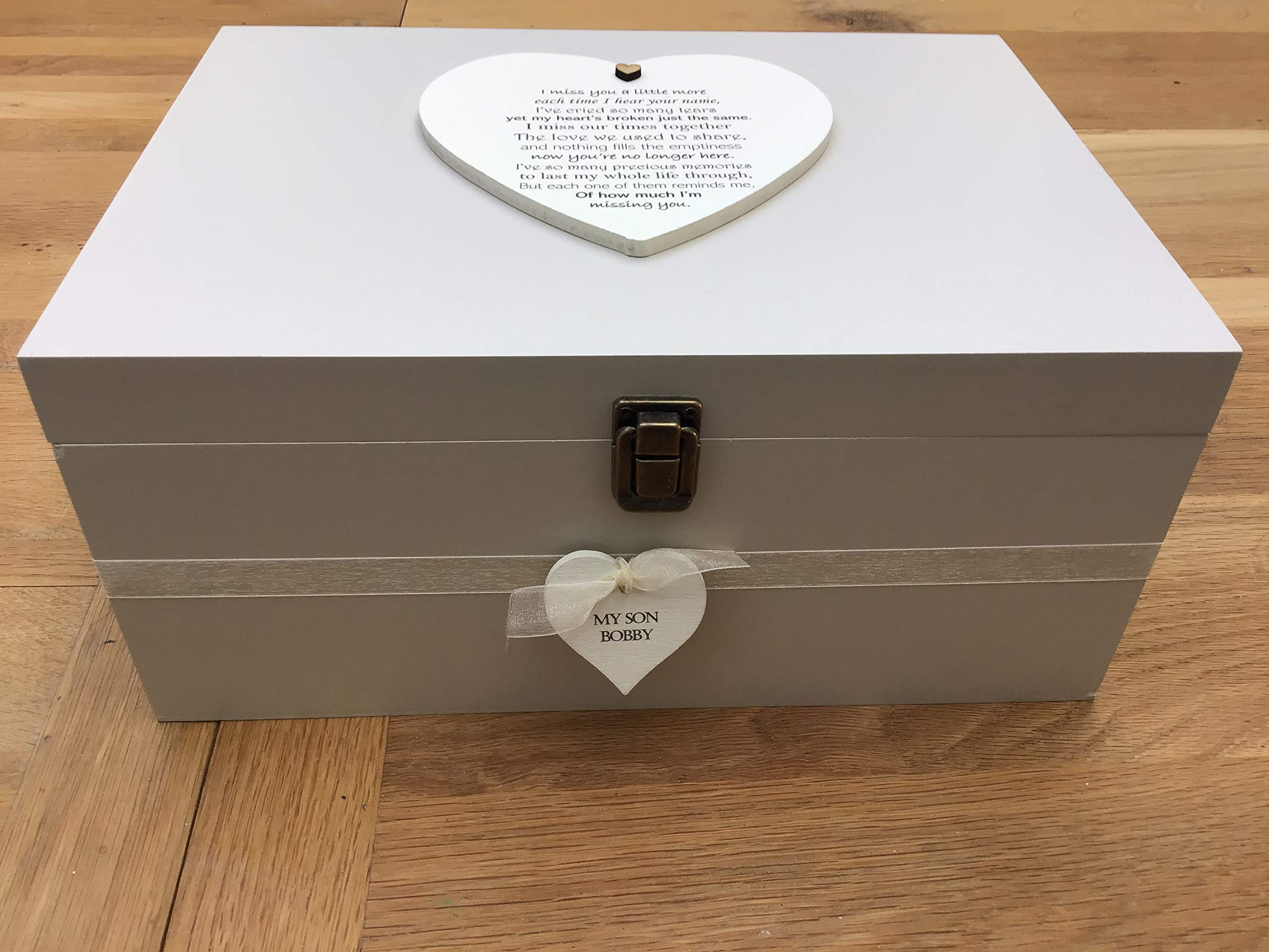 Caja de memoria de recuerdo personalizable con texto en inglés "SON Memory Box" para la pérdida de un hijo duelo muy grande hija o cualquier nombre o texto