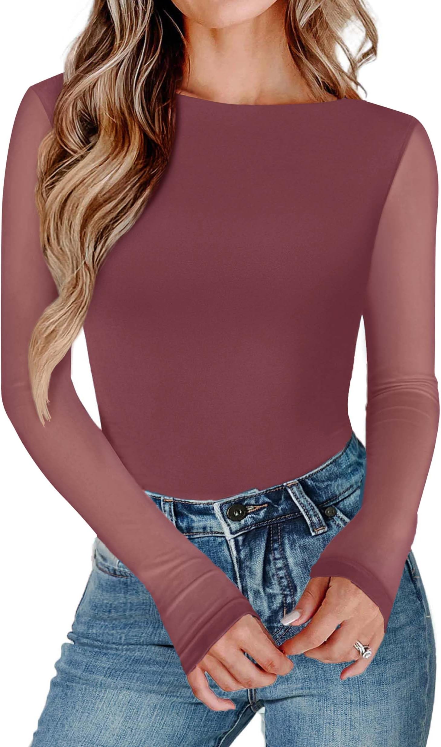 Women Long Sleeve Body Suits Mesh Boat Neck Shapewear Bodysuit Crew Neck Leotards Going Out Tops Fall Outfits