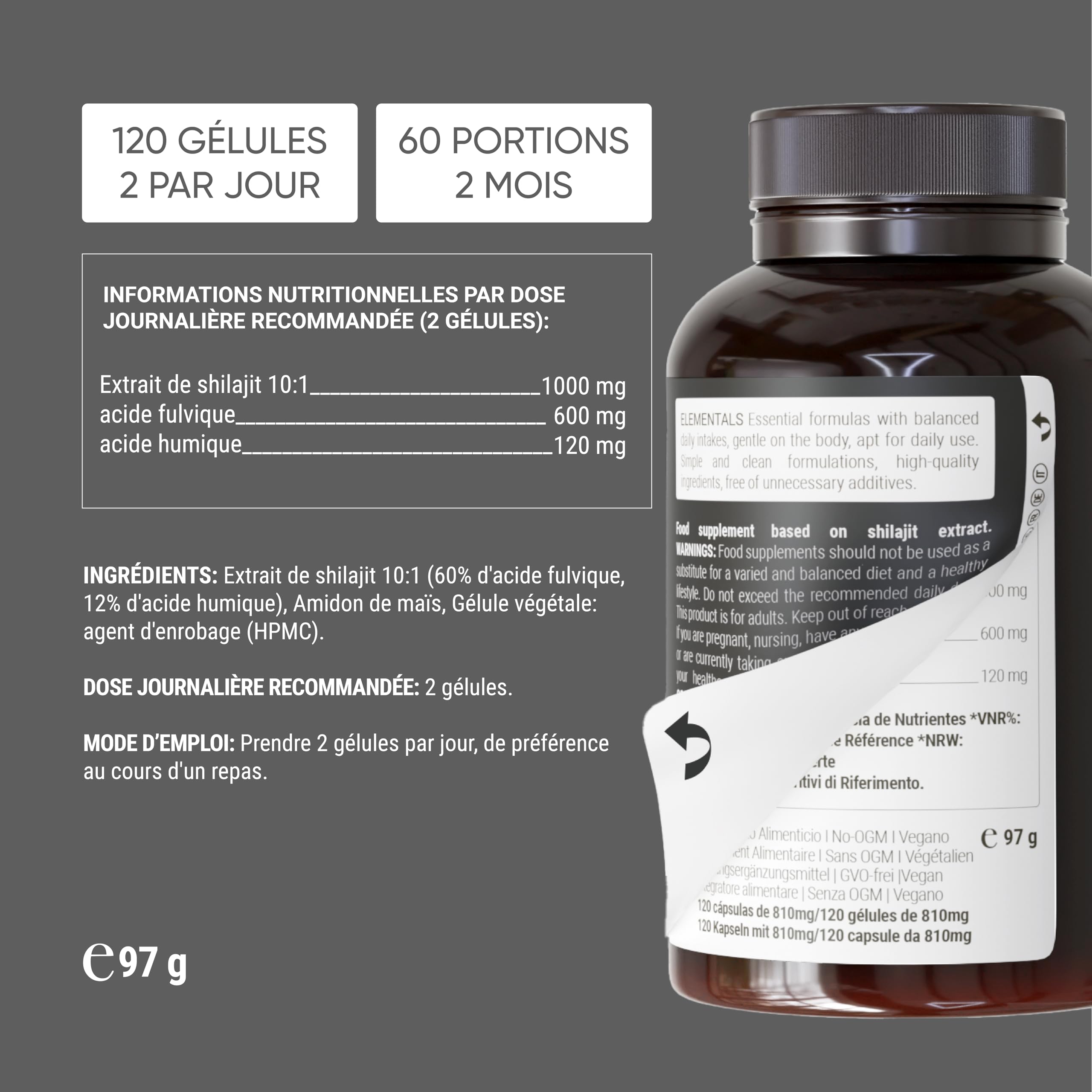 Nullure Shilajit Pure Himalaya 500mg | 60% Acide Fulvique + 12% Humique | Shilajit Gélule | Anti-inflammatoire · Énergie | Testé par tiers | Sans additifs & Vegan | 120 gélules | Fabriqué à Barcelone