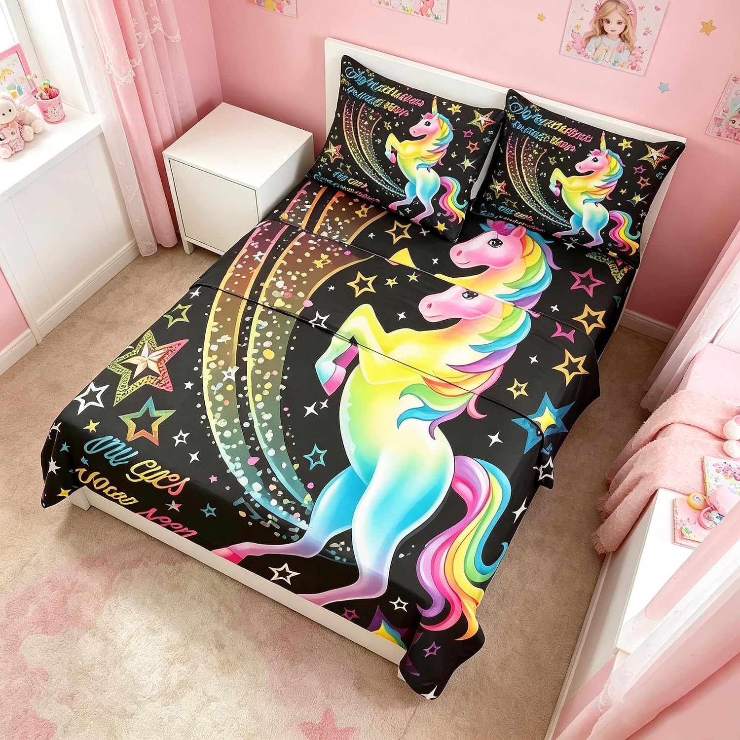 Unicorn Sheets Magic Rainbow Sheet Twin Size Kids Sheets 4Pieces Unicorn Bedding Twin Size Sheet for Girls, Bed Flat Sheet Fitted Sheet and Pillowcases Set