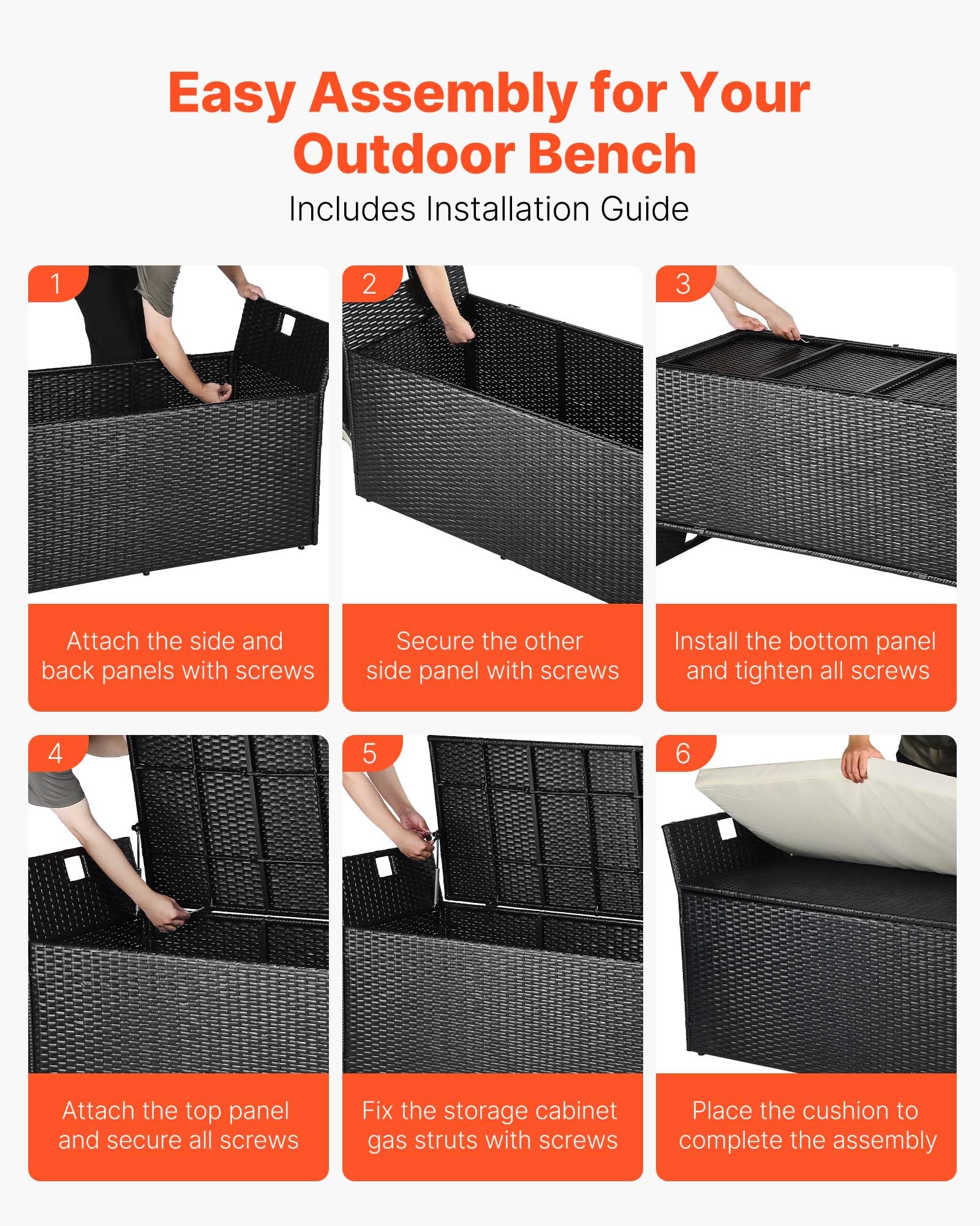 VEVOR Panca Portaoggetti da Esterno Nero, Panca Portaoggetti in Rattan PE per 2 Persone, Contenitore con Cuscino Maniglia Laterale, Supporta max. 362 kg, Seduta da Giardino Decorazione per Balcone