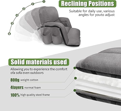 Miniatura 3 de Sillas de estadio plegables extra anchas con respaldo y cojín, diseño estilo sofá, 6 posiciones reclinables, asientos impermeables (1, gris, 26