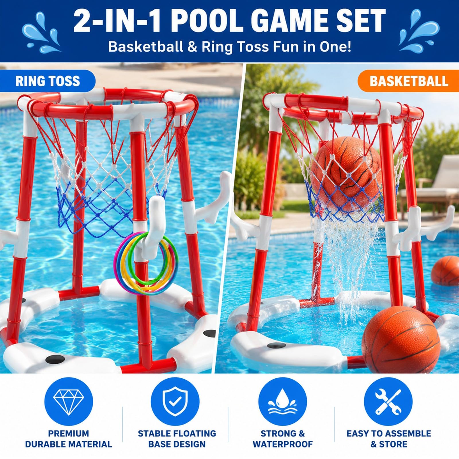 2-in-1 Pool Basketballkorb Ringwurfspiel 4 Bällen 4 Ringen Pumpe Wasserspielzeug Rot