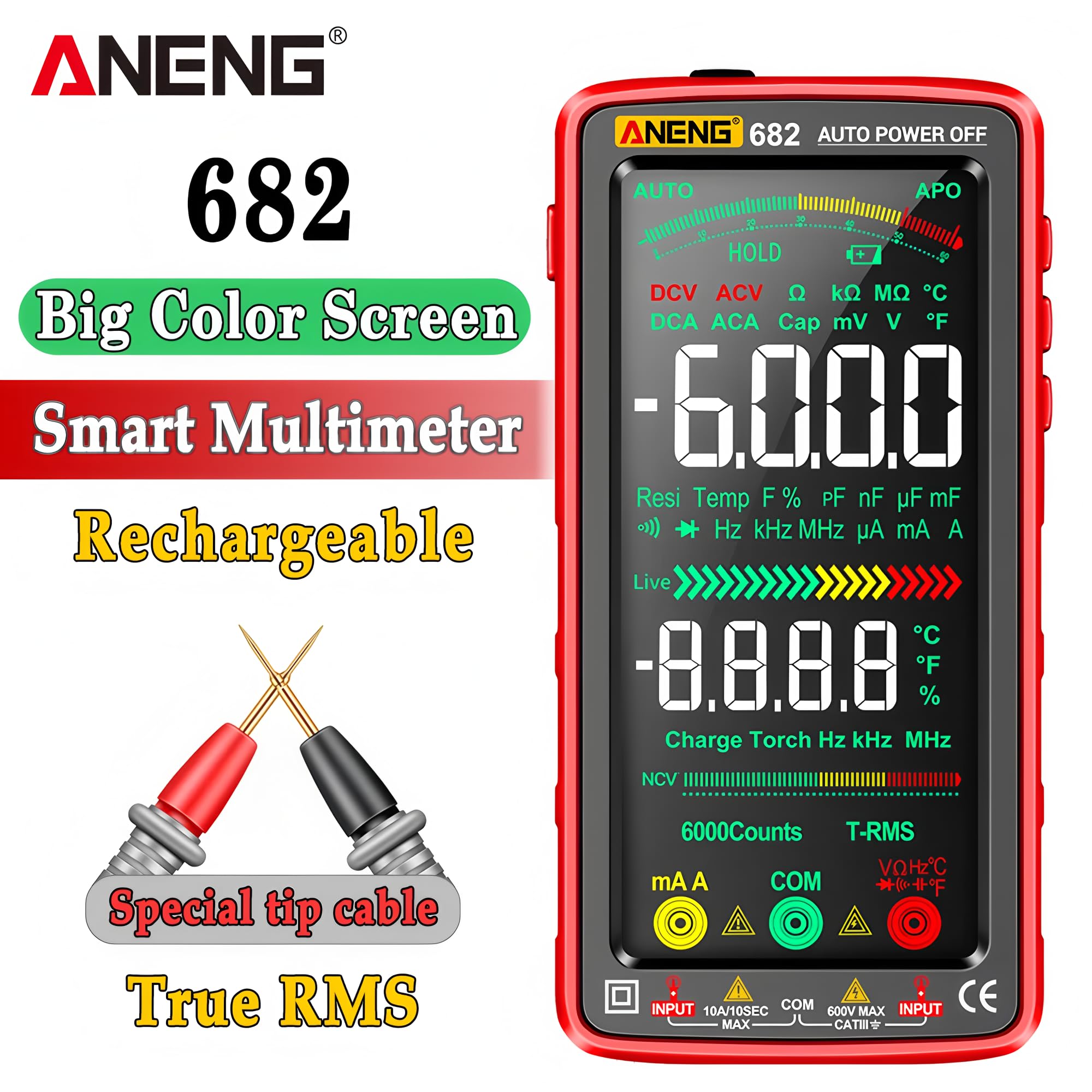 Multimètre intelligent 682 grand écran couleur AC/DC ampèremètre testeur de tension rechargeable ohm testeur de diode outils pour électricien (682)