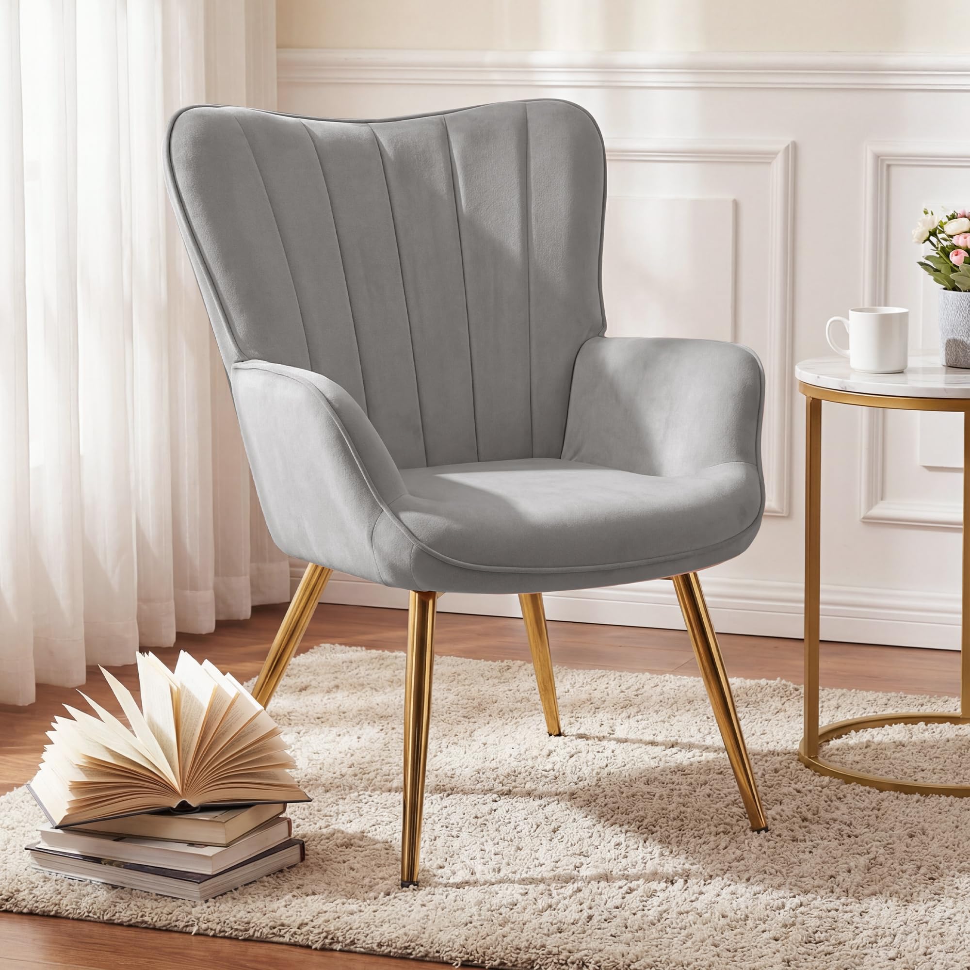 BonVache Modern Armchair, Wing Back Accent Chair with Ottoman, Lounge Chair for Living Room Bedroom and Office, Grey