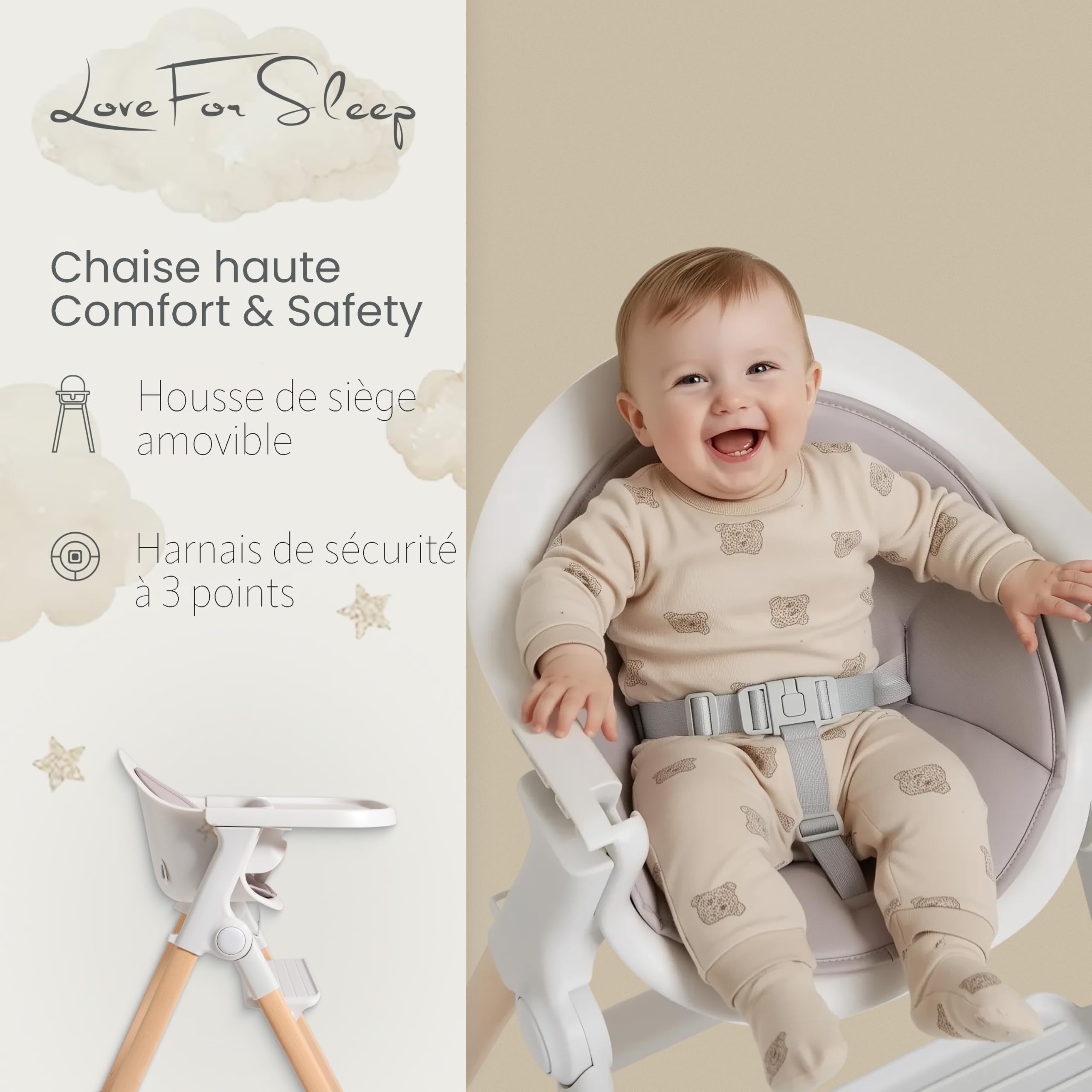 Chaise haute premium pour bébés et tout-petits (dès 6 mois) – Design pliable et réglable avec coussin vert sauge et harnais de sécurité