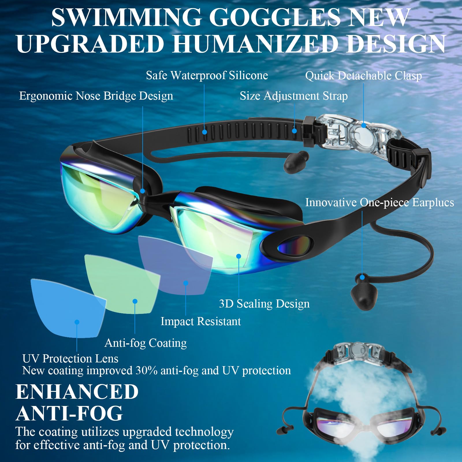 Gogle pływackie, gogle pływackie nie przeciekają, przeciwmgielne, UV, pełna ochrona z klipsem do nosa, zatyczki do uszu, gogle do pływania dla dorosłych mężczyzn kobiet młodzieży
