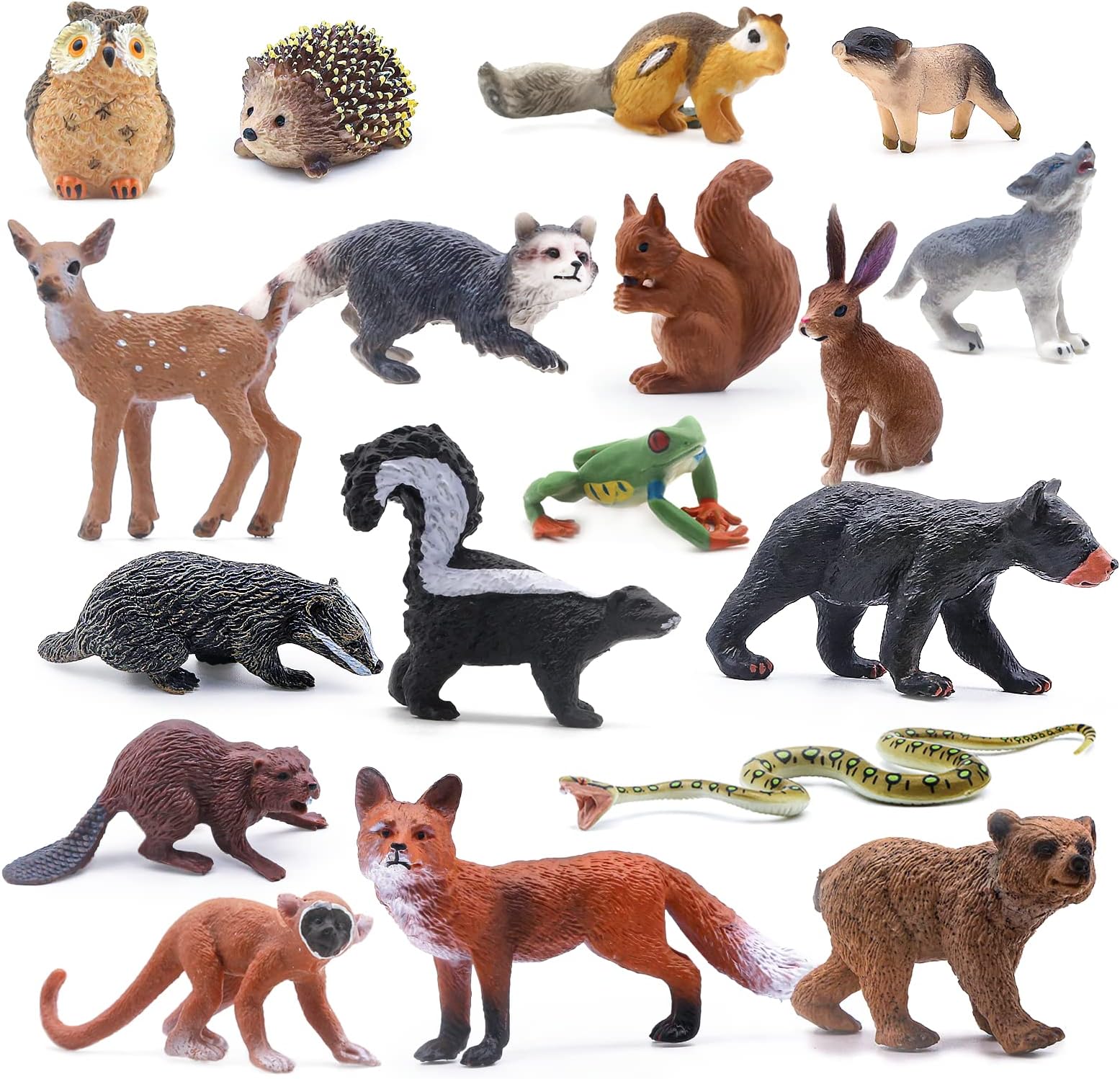 18Pcs Forest Animals Figures Toys, Miniature Woodland Creatures with Owl Hedgehog Fox Squirrel Bear Monkey Deer Wolf Snake for Kids Educational Christmas Birthday Party Gift Cake Decorations