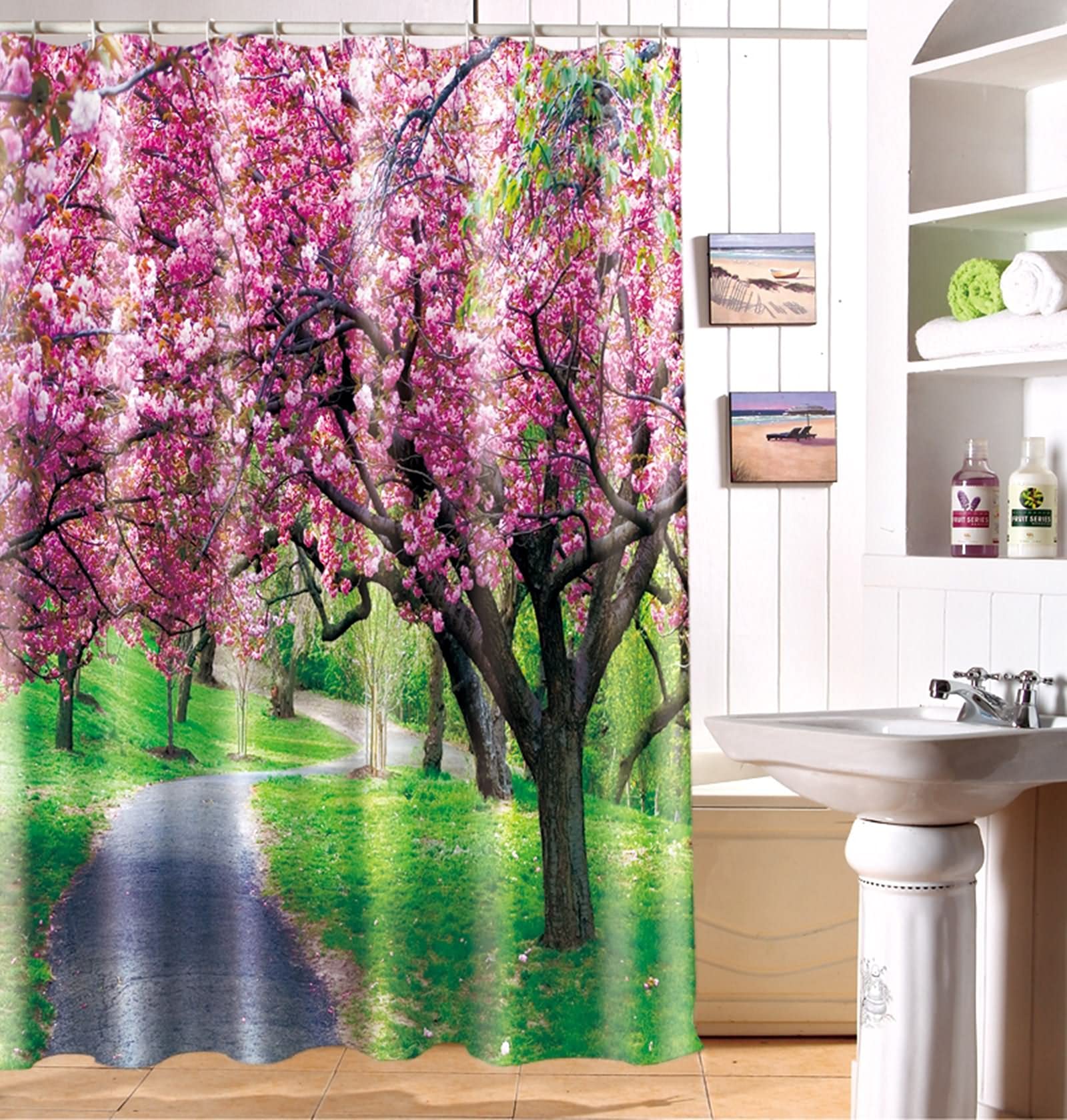 Rideau de douche fleuri rose vert KnSam pour créer une ambiance spa nature