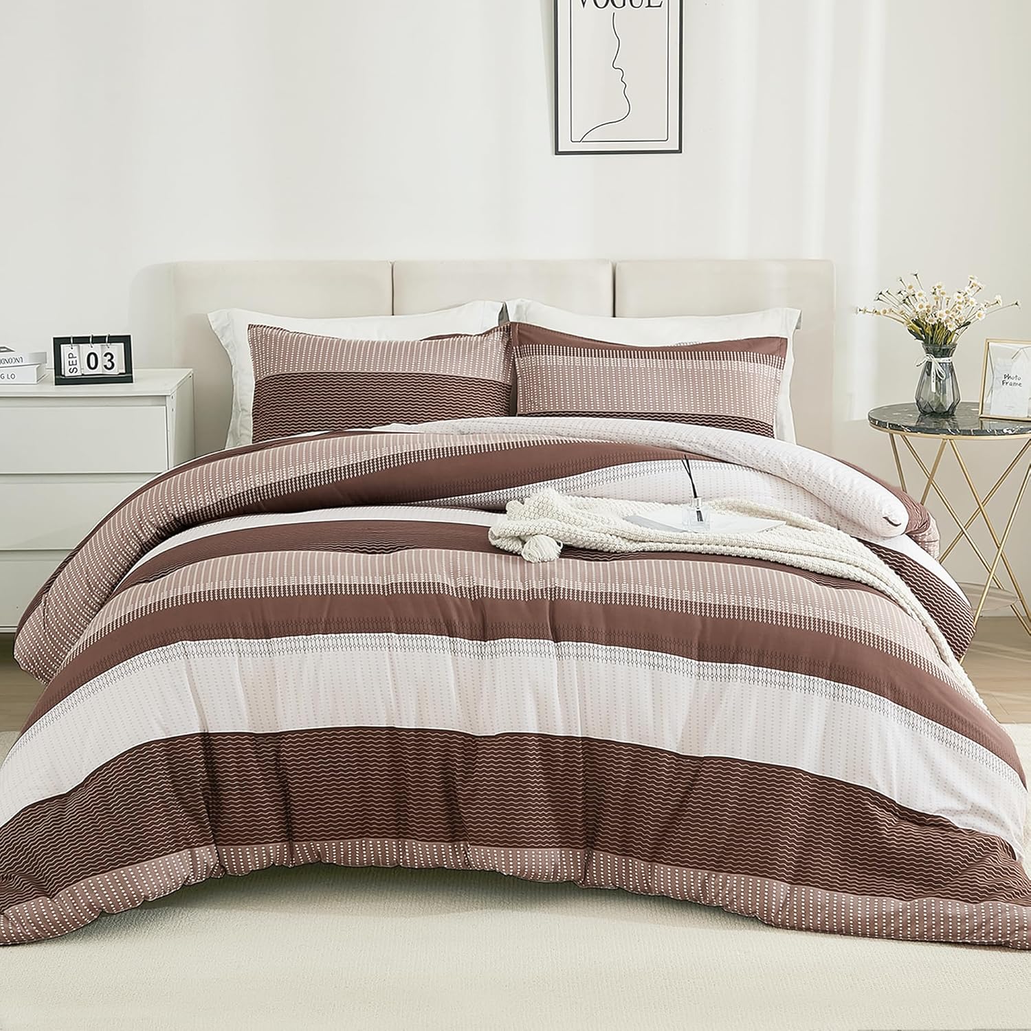 Litanika Brown Comforter Set King - 3 Pieces Lightweight Brown White Colorblock Stripe Fluffy Bedding Comforter Sets, All Season Bed Set - Image 2