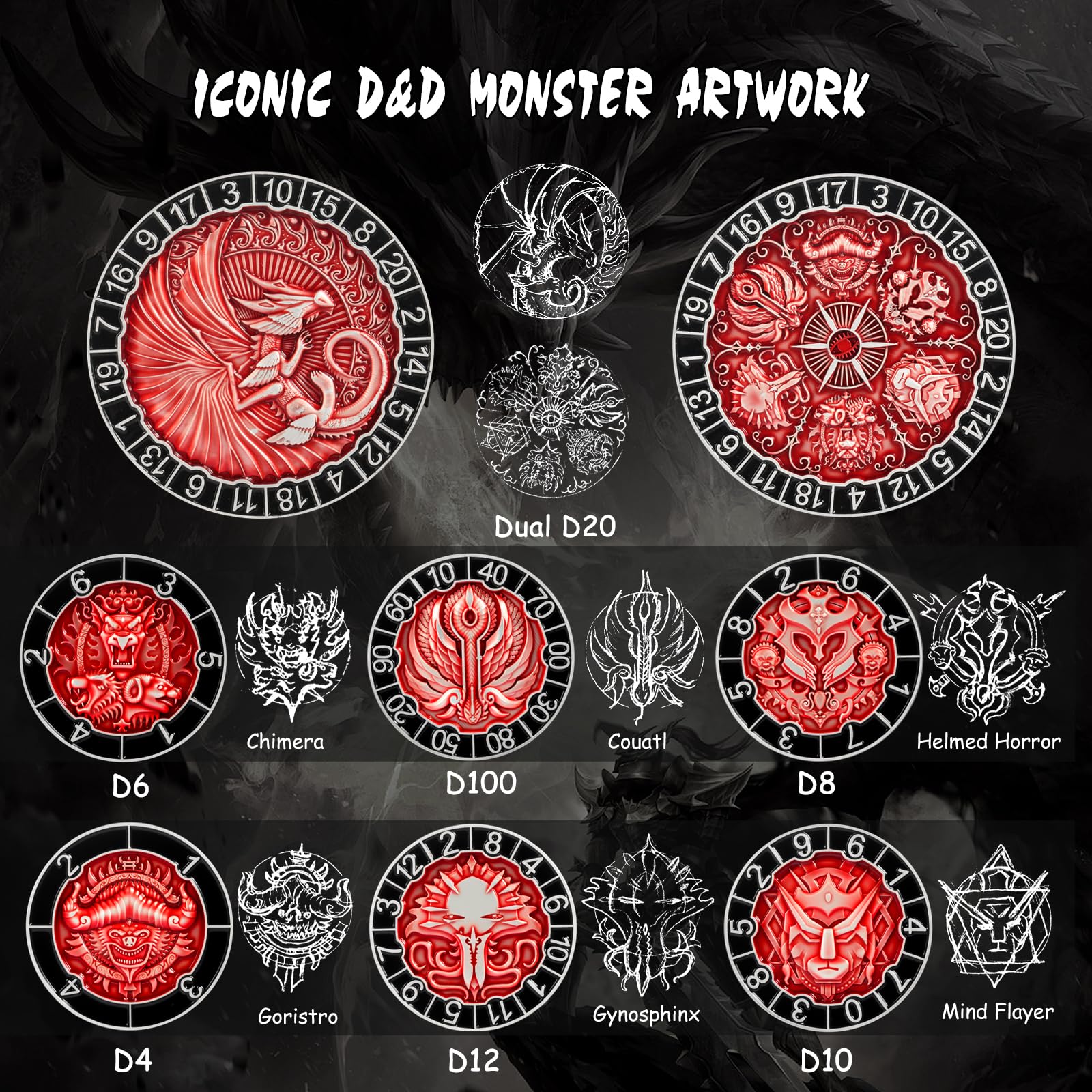 DNDND Dual D20 - Dados de metal giratorios 8 en 1, juego de dados hexagonales giratorios con temática de monstruo D&D para TTRPG Dungeons and Dragons, Dungeon Masters con lata de regalo coleccionable