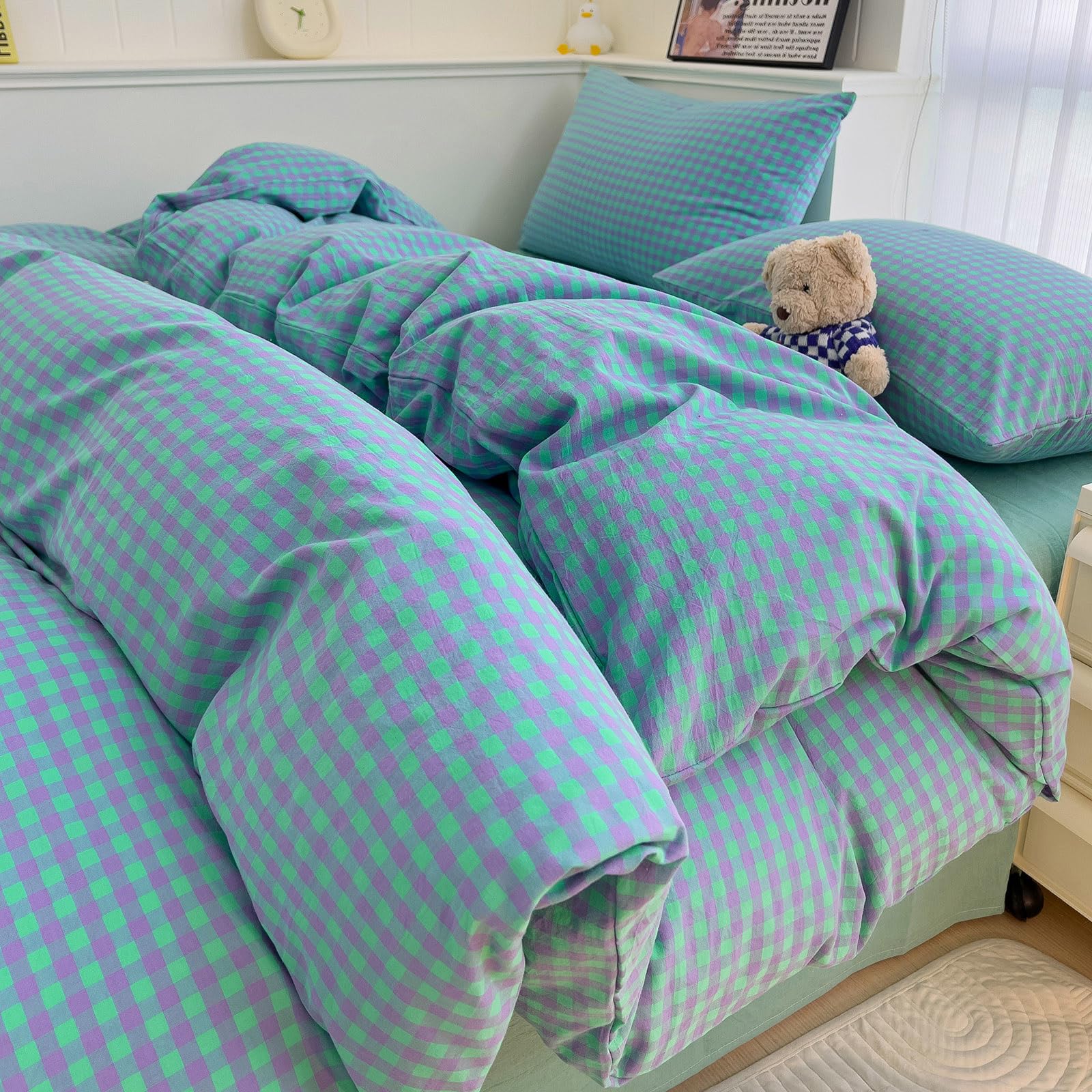 LifeTB Green Gingham Comforter Set Full Modern Style Green Purple Plaid Comforter Set Fluffy Soft Farmhouse Gingham Bedding Comforter 3 Pieces Grid Checkered Pattern Comforter with 2 Pillowcases โ image 1