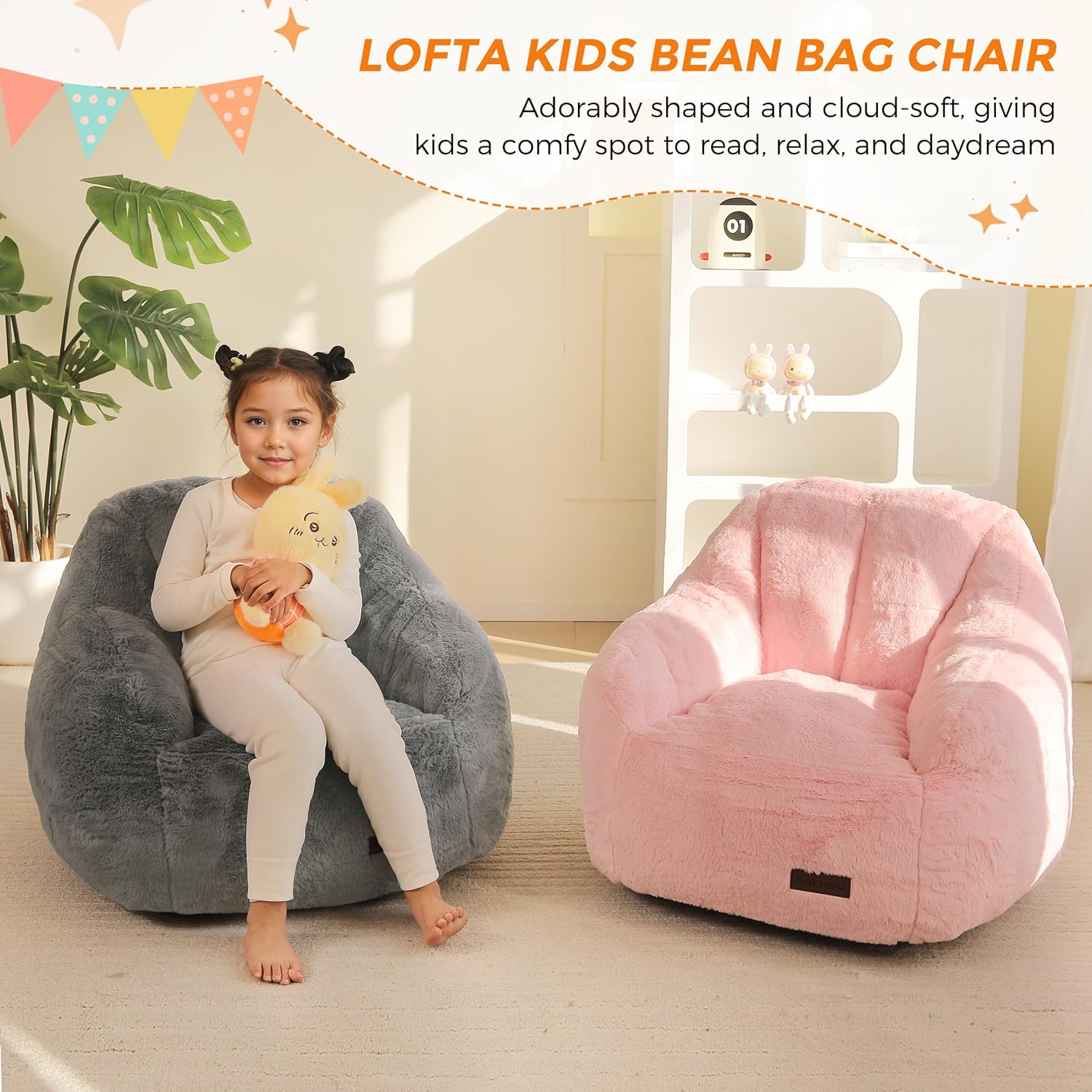 MAXYOYO Kids Bean Bag Chair, Comfy Bean Bag Sofa with Back Support, Faux Fur Cute Chair for Boys and Girls, Stuffed Floor Sofa for Nursery, Bedroom, Grey
