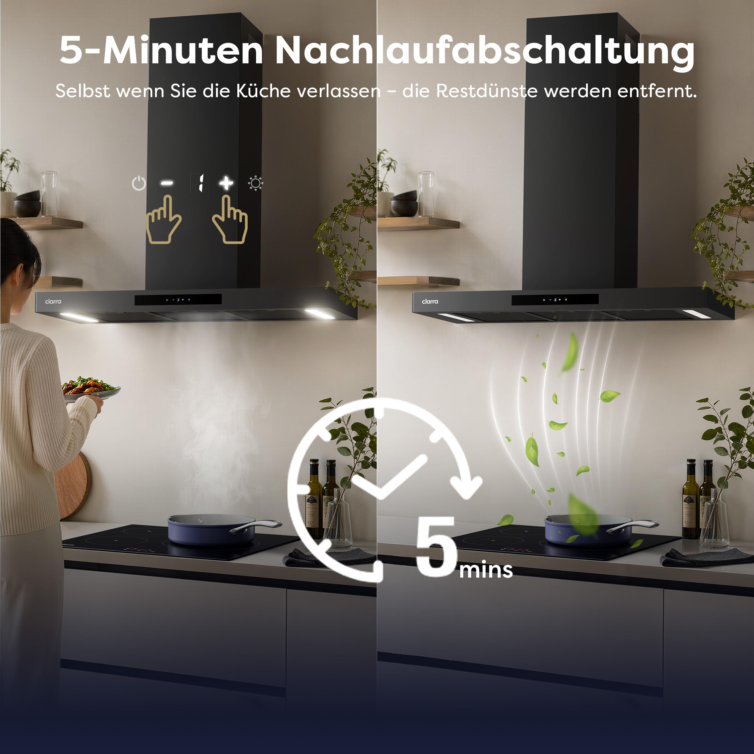 CIARRA CBCB9102-P A+++ Dunstabzugshaube 90 cm 650 cbm/h leise ab 44 bis 59 dB Umluft Abluft Wandhaube Wi-Fi App Touch-Bedienung 4 Stufen Booster schwarzes Glas für stilvolle Küchen CBCF004 Kohlefilter
