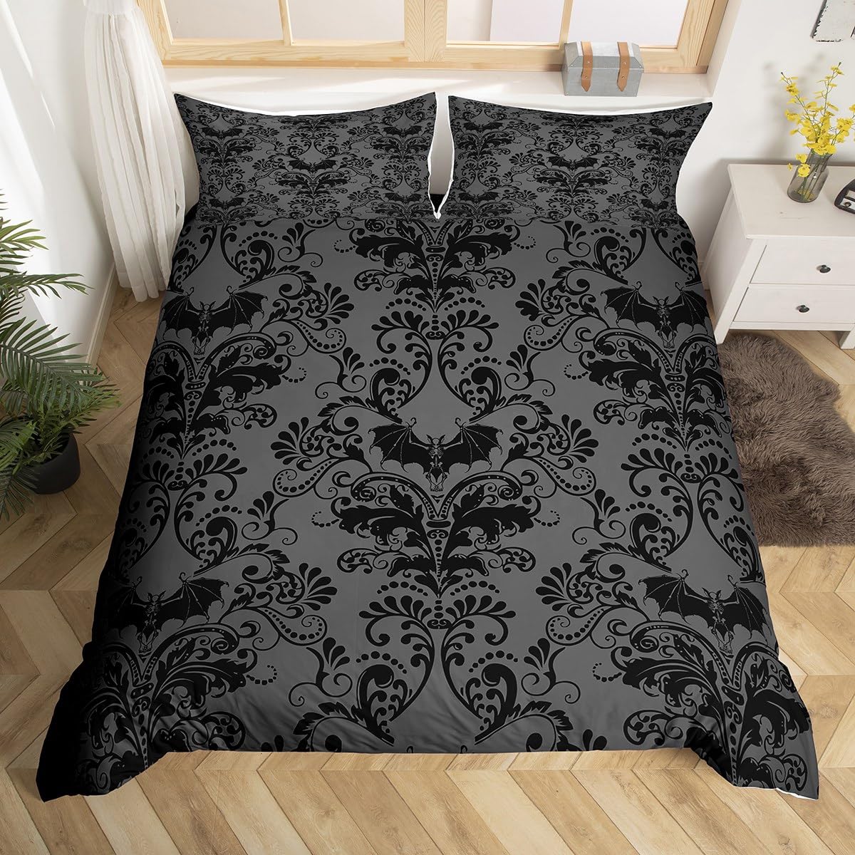 Homewish Adults Black Damask Bedding Set Antique Victorian Baroque Duvet Cover Super King, Exotic Vintage Floral Comforter Cover Gothic Bat Quilt Cover, Bats Sugar Skull Bohemian Decor, Grey