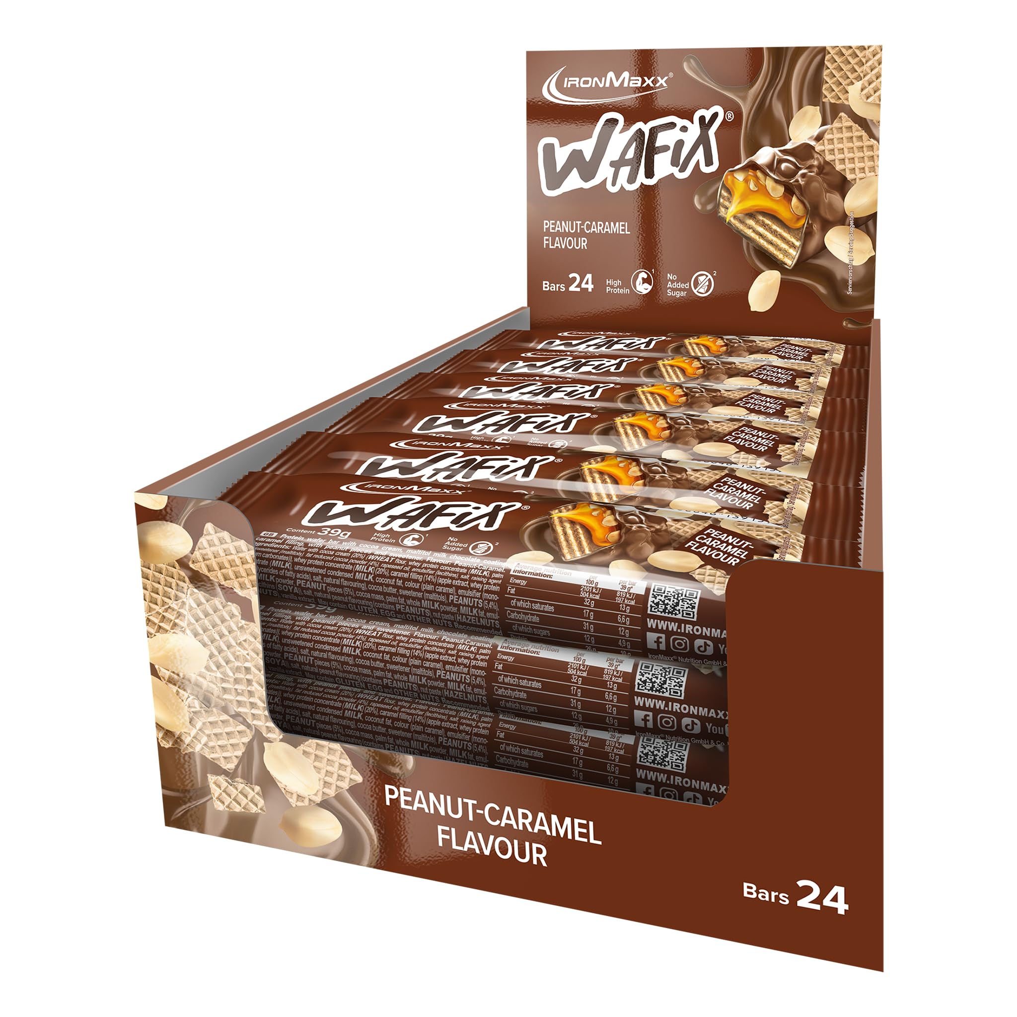 IronMaxx Wafix - Peanut Caramel 24 x 39 g | High Protein Waffelriegel mit Erdnussstückchen | Zuckerreduziert & knusprig | Ideal für unterwegs