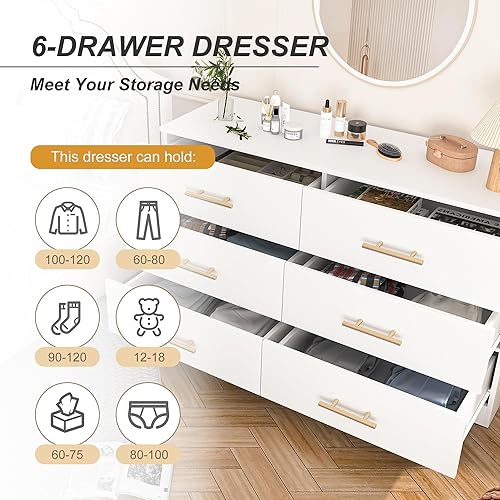 Miniatura 4 de Cómoda blanca de 6 cajones para dormitorio, cómoda, moderna cómoda de madera con asas doradas, mesa auxiliar para armario, sala de estar, sala de