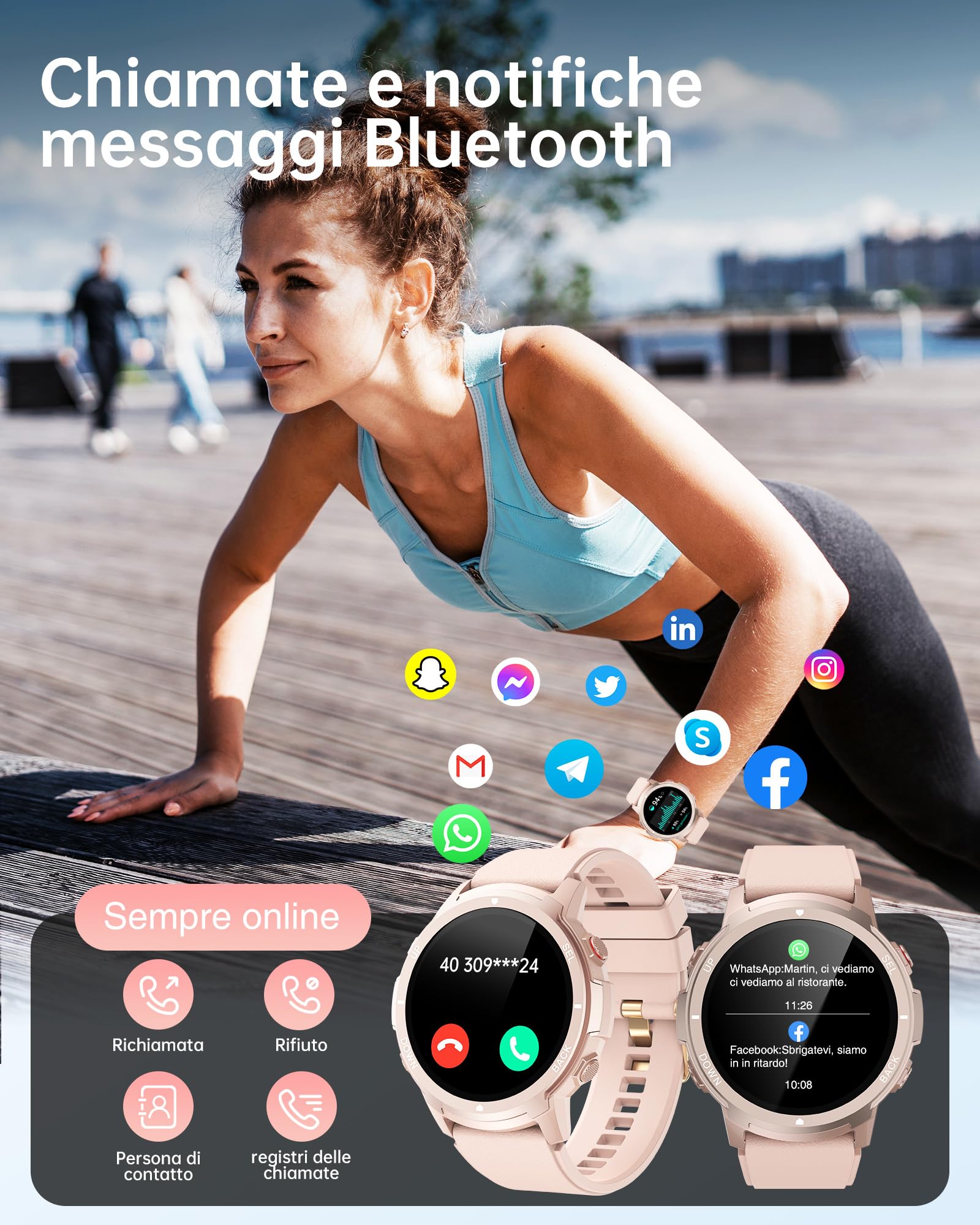 LLKBOHA Smartwatch-Donna - 1,39'' Schermo Orologio Smart Watch, Effettua/Risposta Chiamate, 7/24h Cardiofrequenzimetro/Ossigeno Nel Sangue/Contapassi/Monitoraggio del Sonno, per Android iOS