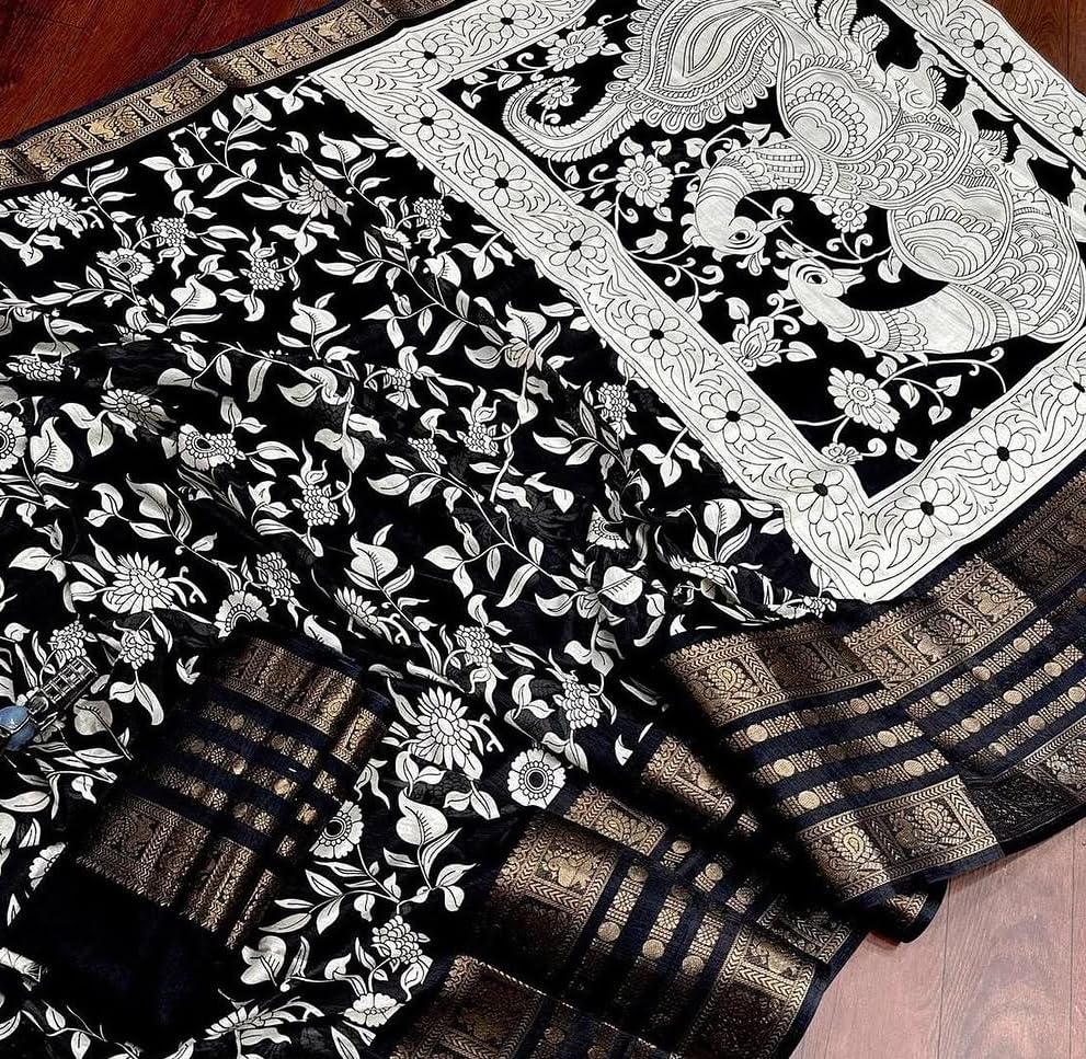 Image of SuperLaxmi Women's Floral Printed Dola Silk Saree with Blouse Piece