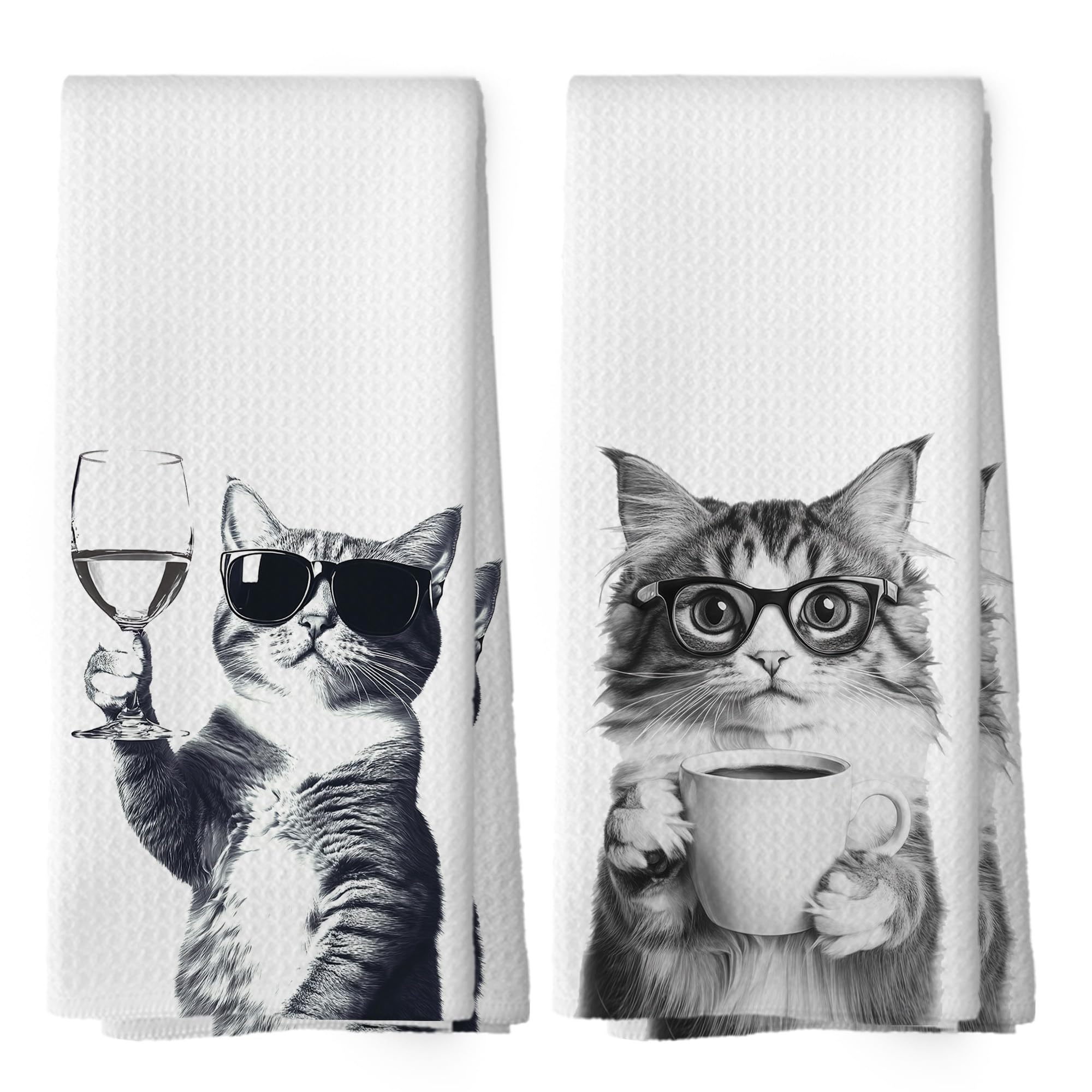 Funny Cat Kitchen Towels Set of 2, Funny Kitchen Decor, Coffee Station Wine Bar Decor, Black and White Cat Owner Gift Hand Towel, Dining Room Decorative Tea Towel Dish Towels 16x24 Inch