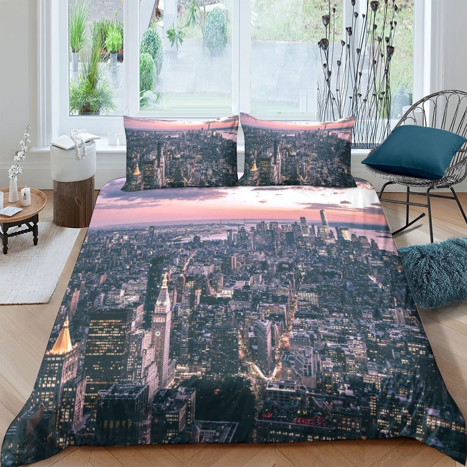 GPLZQXKJNH 3D Printed City Night View Duvet Cover Microfiber Soft Breathable Skyline Bedding Set with 2 Pillowcases for Bedroom Apartment Single（135x200cm）