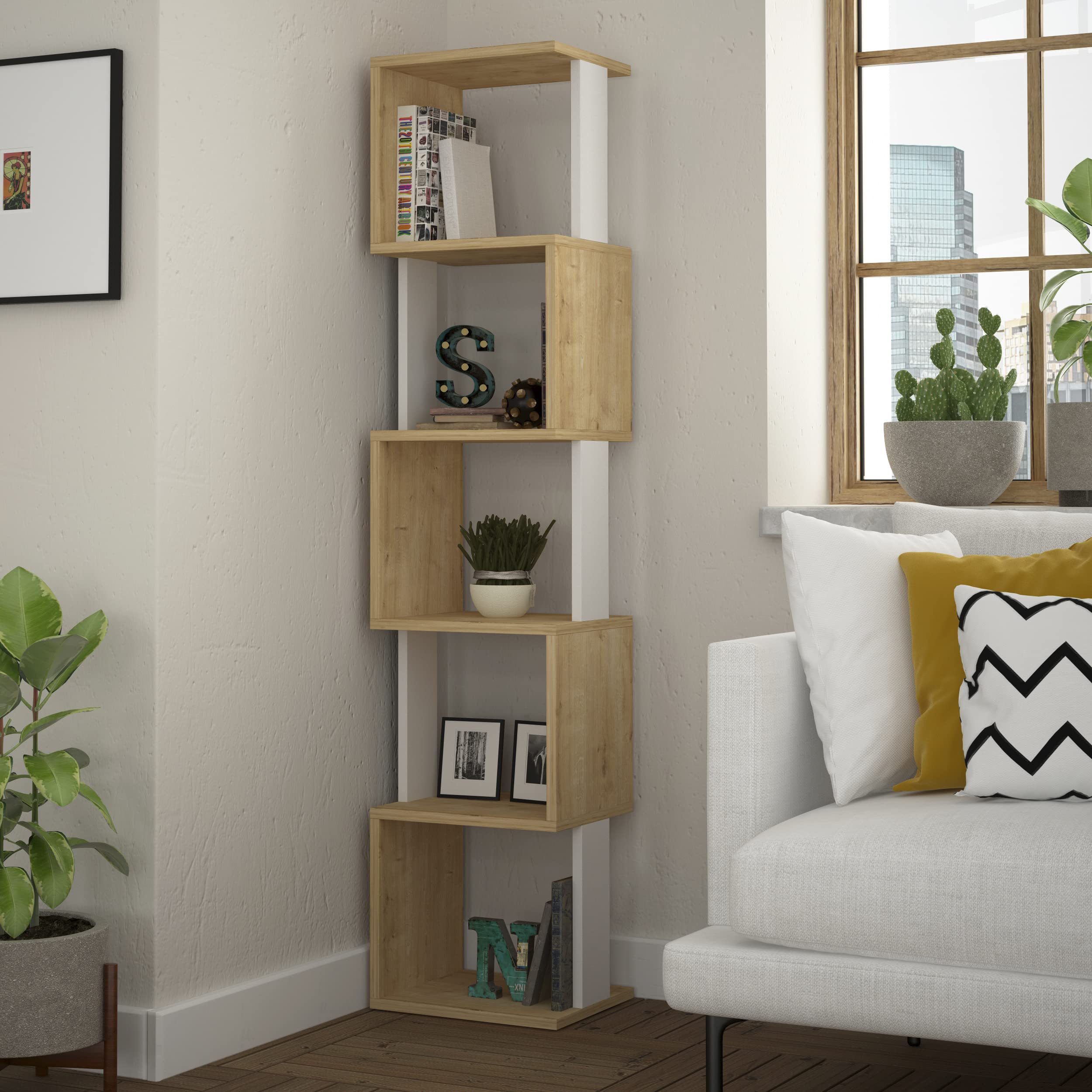 HOCUS PICUS 5 Tier Cube Bookcase, Living Room Furniture, Oak, White