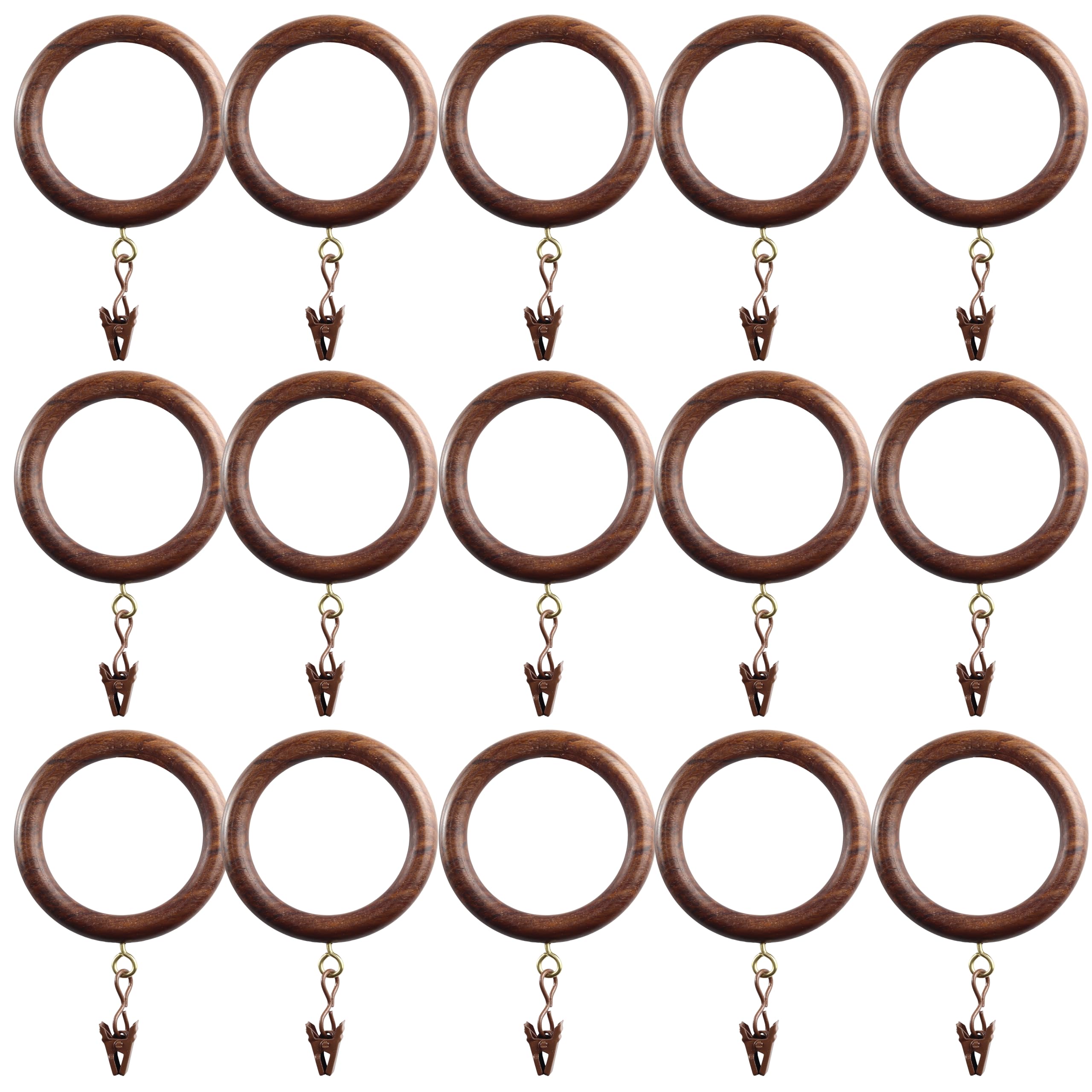 12 Pieces Large Wooden Drapery Curtain Rod Rings with Clips for 1.75 inch to 2 inch Rod Pole, 2.2 inch Inner Diameter, Natural Rosewood (12, 2.2 INCH Inner Dia)