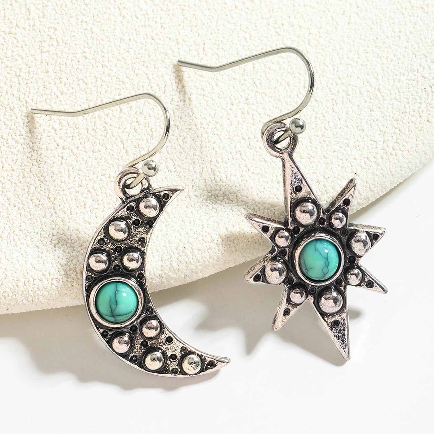 Turquoise Star Moon Dangle Earrings for Women, Bohemian Ethnic Celestial Asymmetry Hook Earring, Vintage Hypoallergenic Jewelry - Image 4