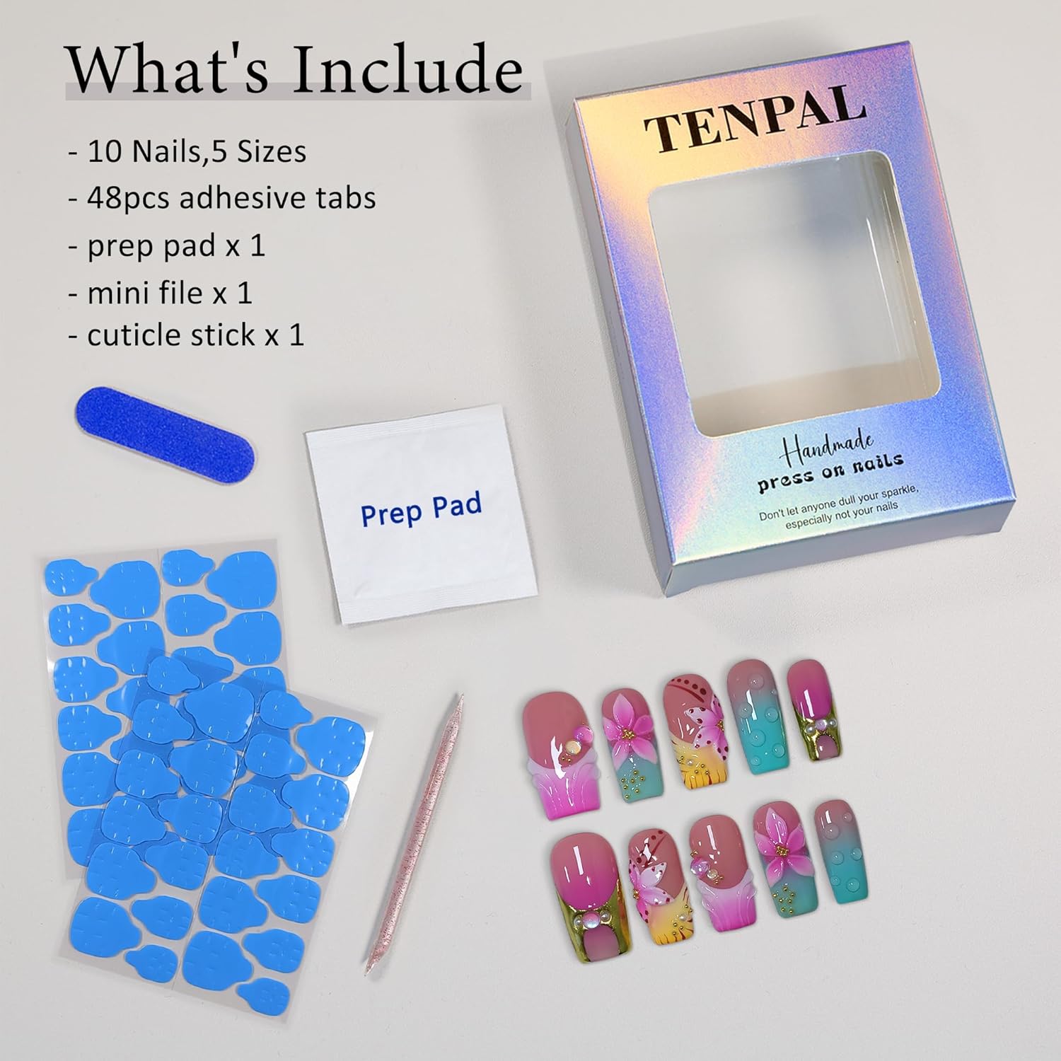 Medium Square Press on Nails - Magenta Navy Blush Ombre 3D Floral Design Y2K Glossy False Nails for Women Girls, Acrylic Soft Gel Handmade Square Nails(M)