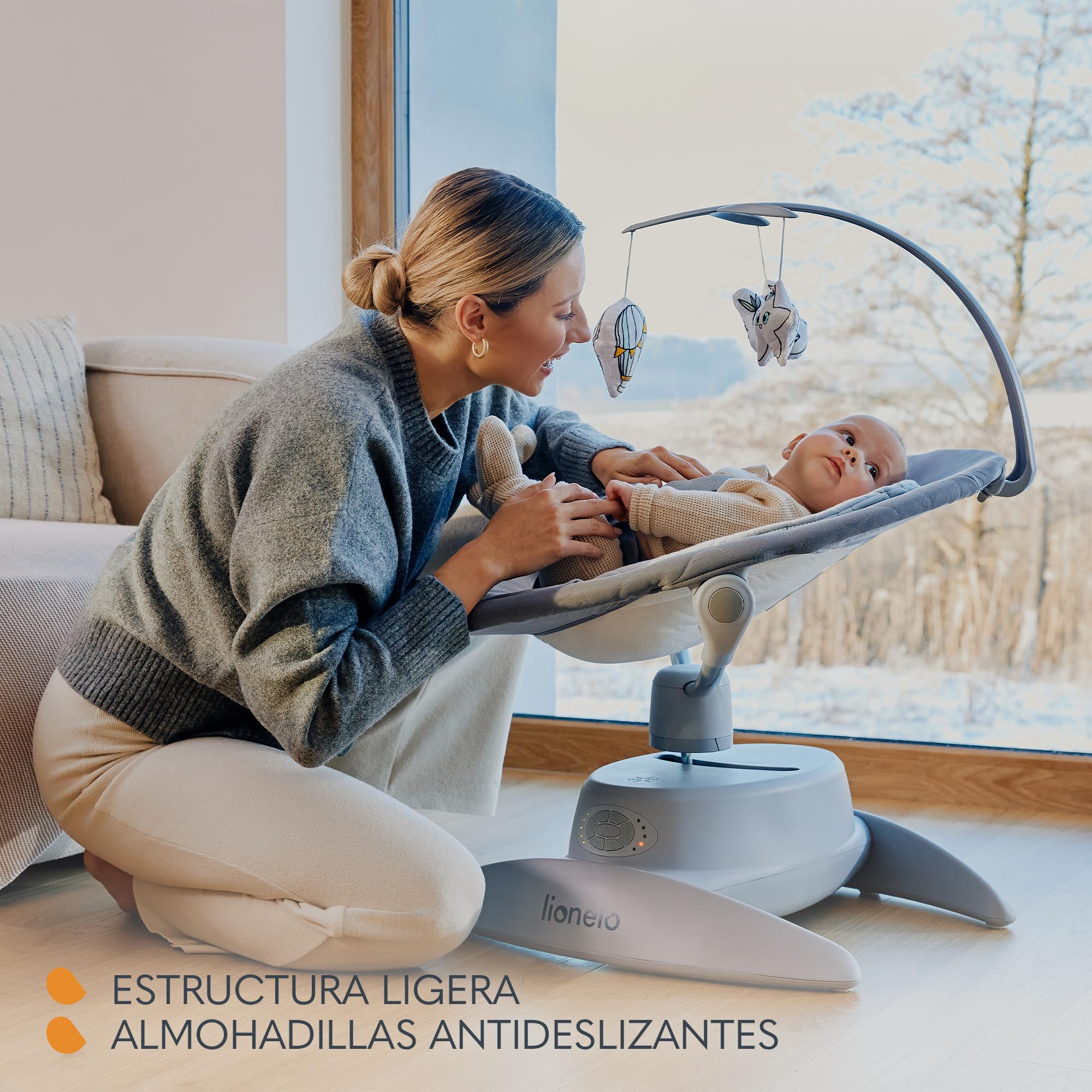lionelo MELL Mecedora para Bebés 360° Ajustable con 5 Velocidades, Seguridad con Arnés 5 Puntos, 12 Melodías, Bluetooth, Hamaca Ergonómica con Almohada de Bambú, Silla Silenciosa y Lavable (Grey)