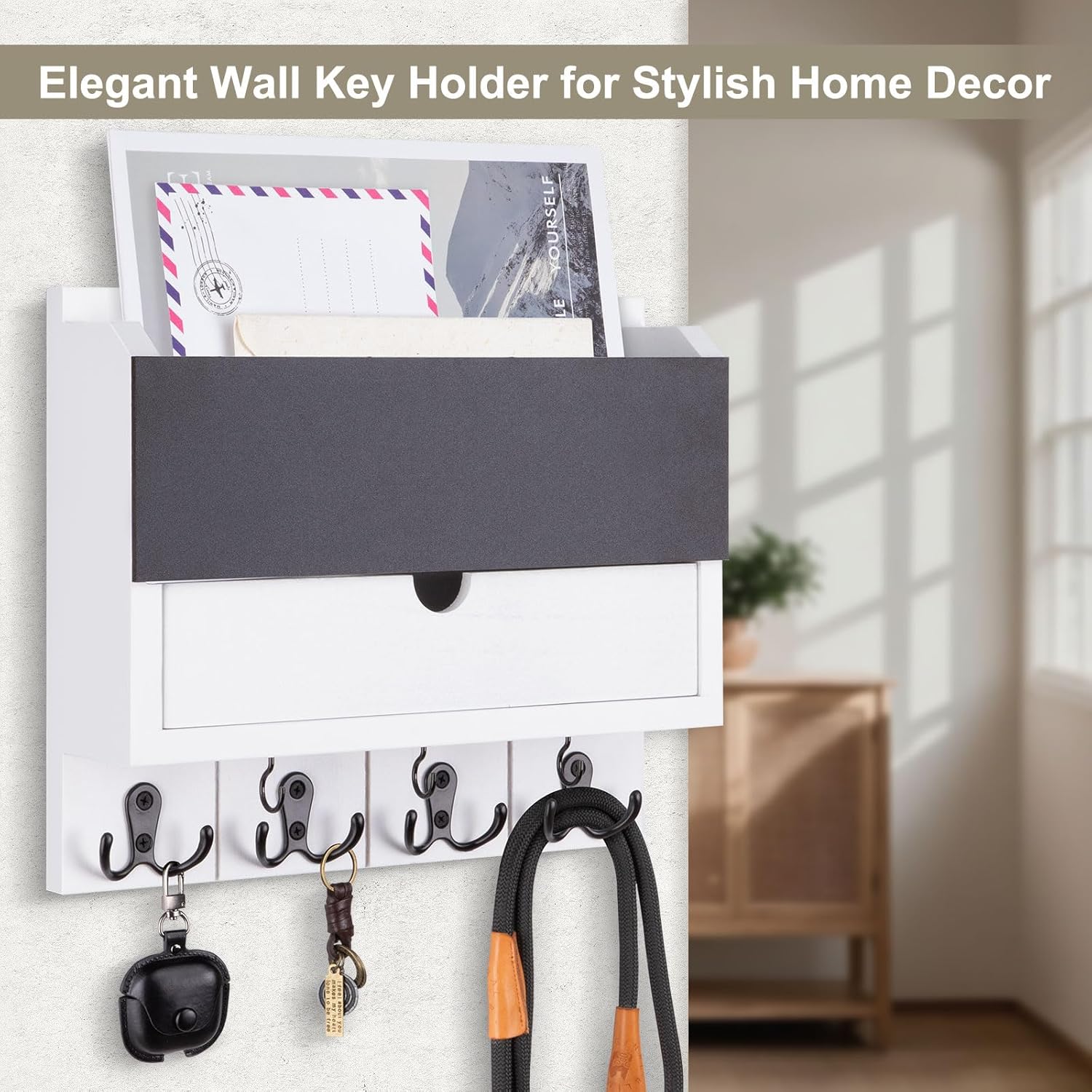 Mail and Key Holder Wall Mount with Storage Drawer – Modern Wooden Mail Organizer for Wall Entryway, 7 Key Hooks & Chalkboard Panel – Stylish Home Decor for Apartments, Living Room, Office