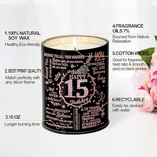 Miniatura 2 de Regalos de feliz cumpleaños 15 para mujeres, velas perfumadas, velas de decoración del hogar de 15 años, regalo de Navidad de 15 años para hija,