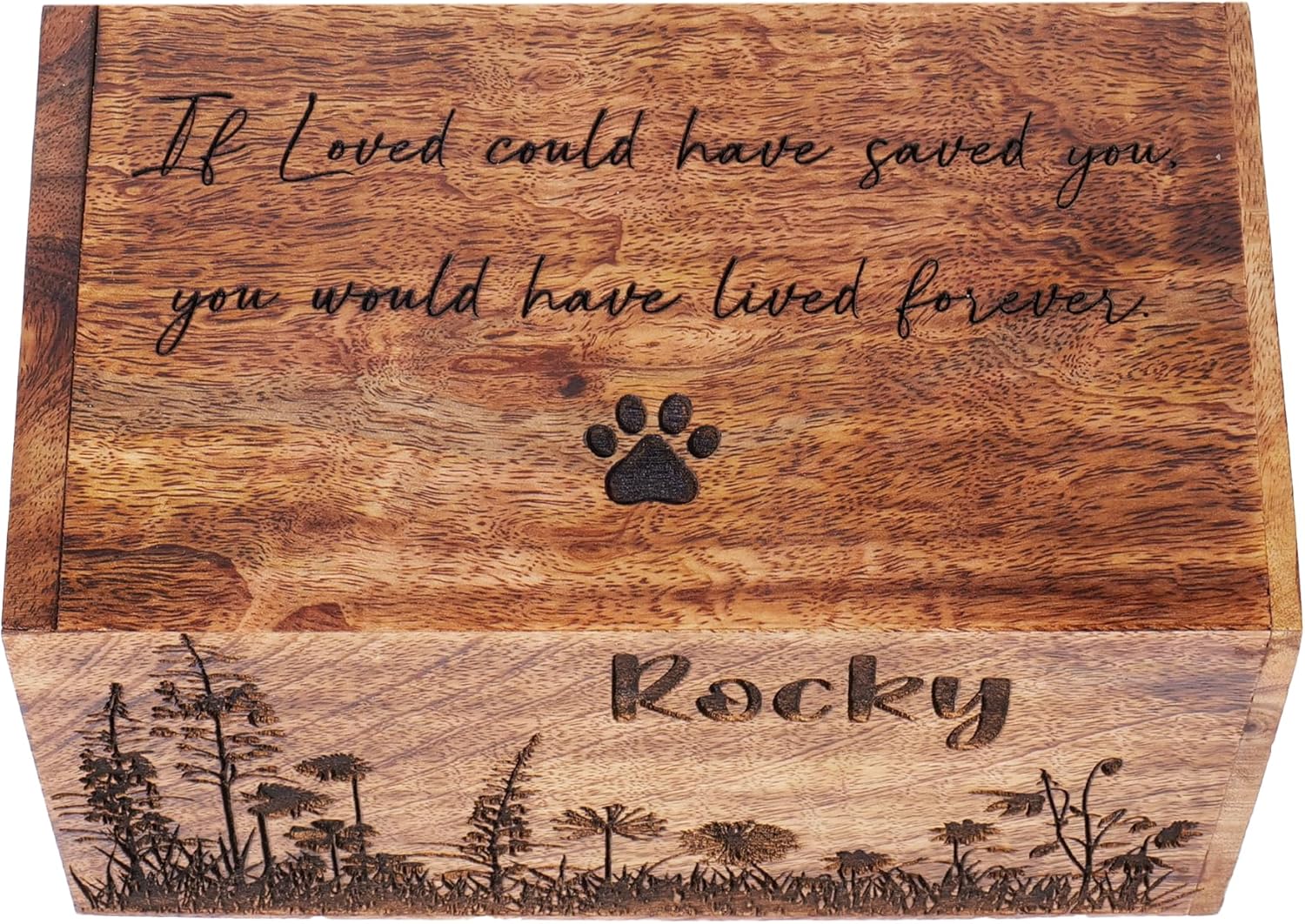 Wooden Memorial Urn for Pet or Human Ashes - Custom Engraved Cremation Urn with Dandelion Grass Design - Handcrafted Keepsake for Pets or People