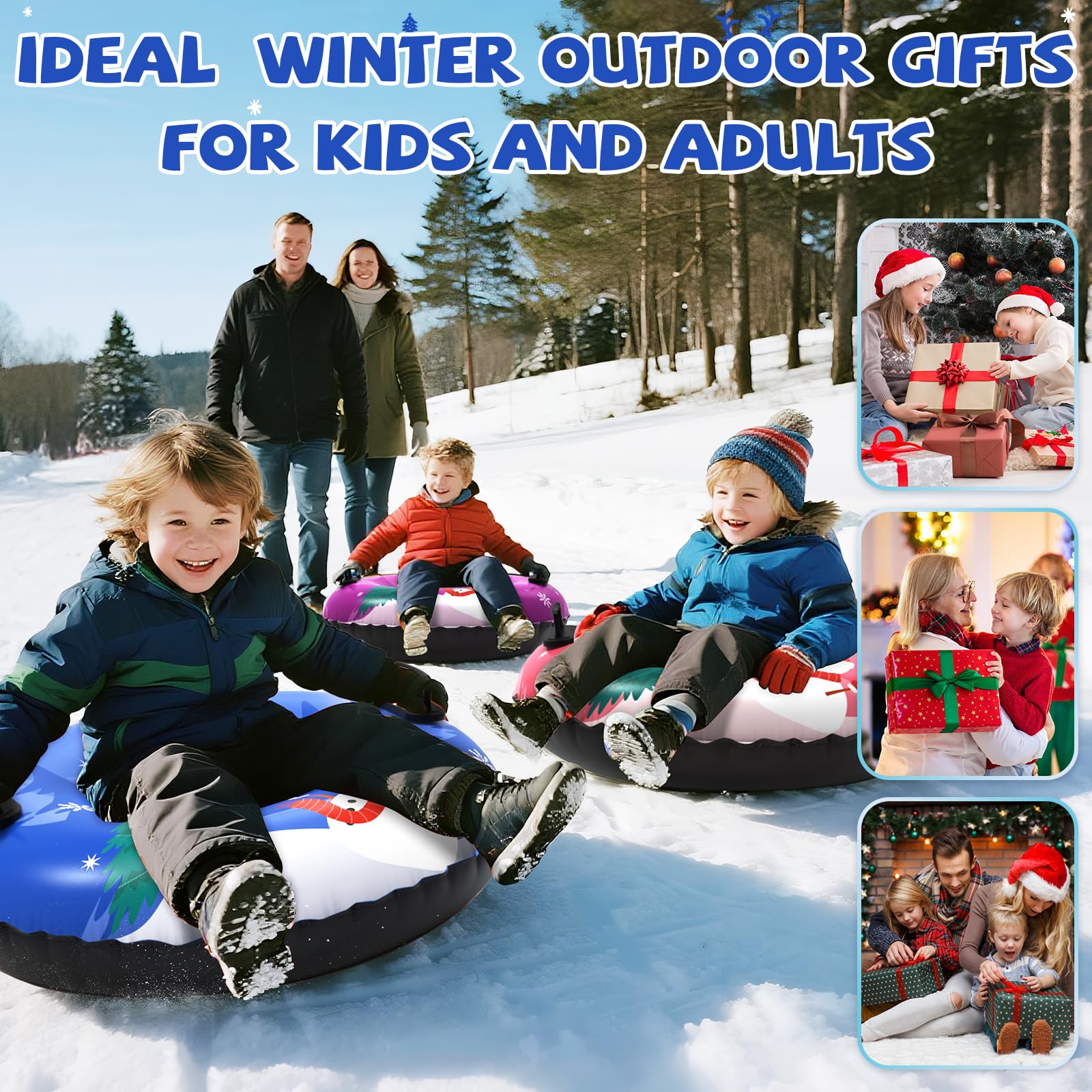 Menmek Snow Tube, 36‘’ 3Packs/4Packs Snowman Snow Tubes for Kids & Adults, Durable Cold-Resistant PVC Inflatable Snow Sled, Heavy-Duty Hard Bottom & Handles, Perfect for Family Boys Girls Sports Fun